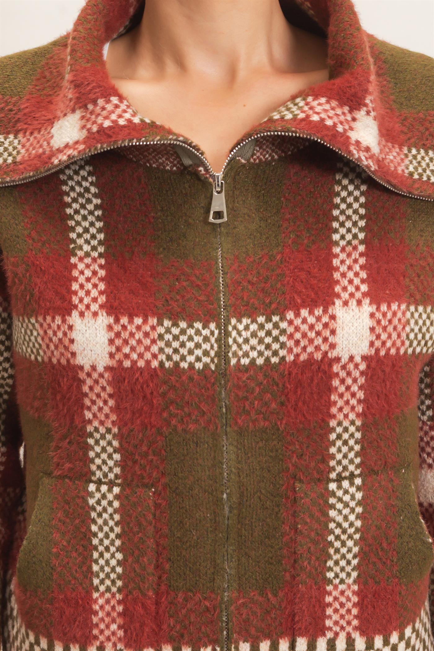 Wholesale Wide Collar Plaid Zip-Up Sweater Cardigans HF26E898 OLIVE COMBO HYFVE
