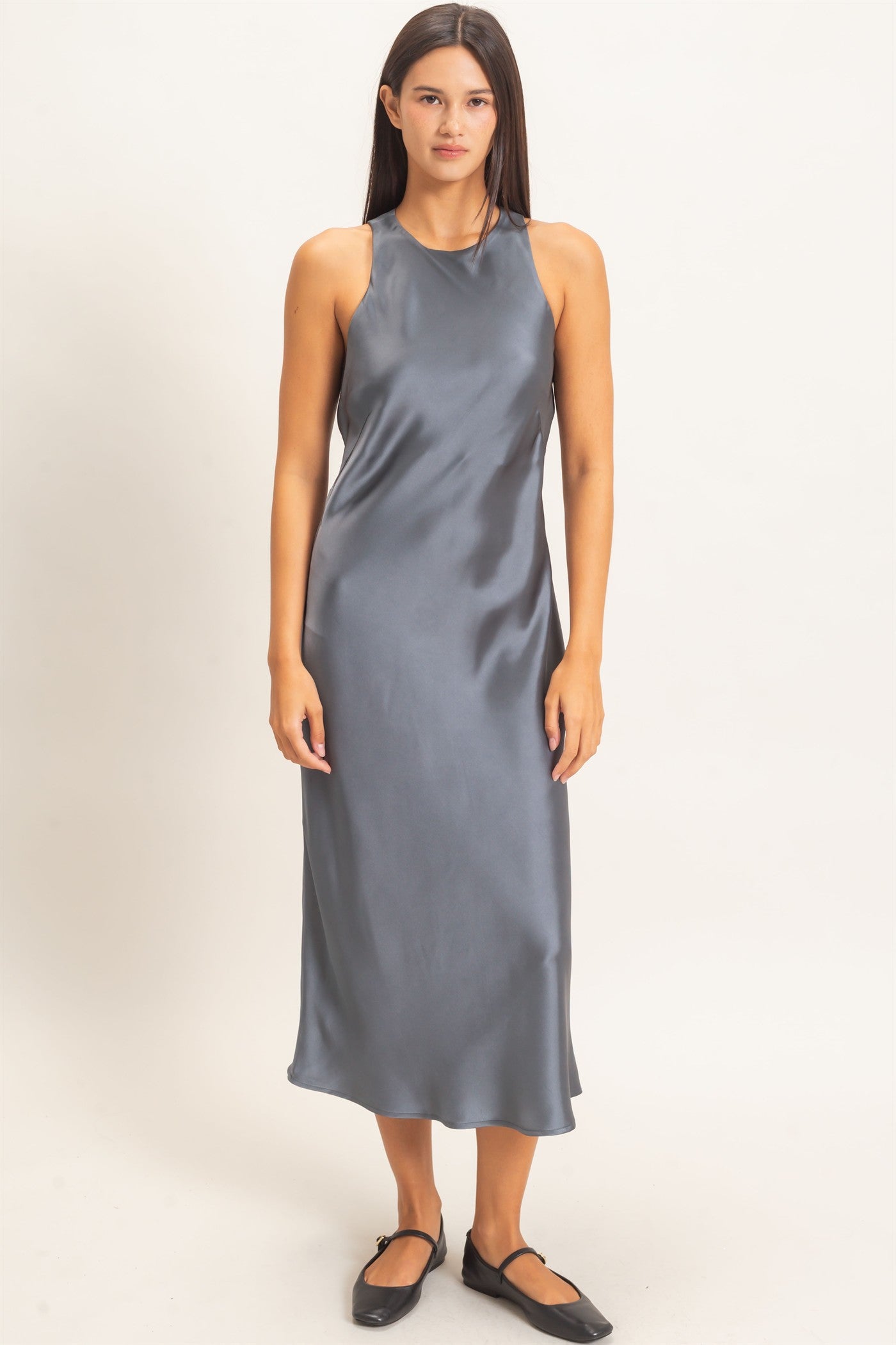 Wholesale Sleeveless Satin Midi Dress Dresses DZ26E257 DARK GRAY DOUBLE ZERO