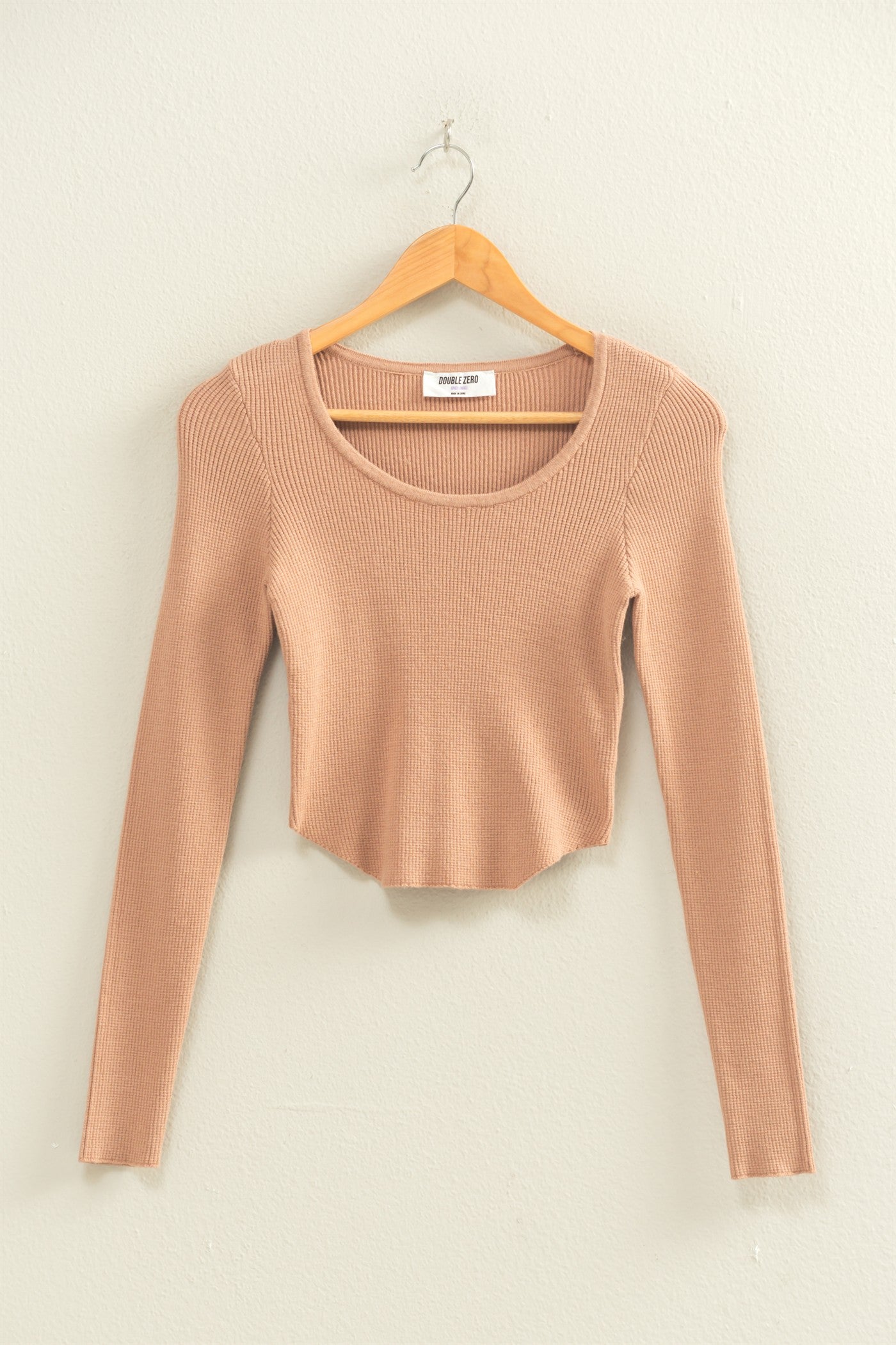Wholesale Scoop Neck Long Sleeve Fitted Knit Top Clothing Tops DZ25E353 DARK TAUPE DOUBLE ZERO