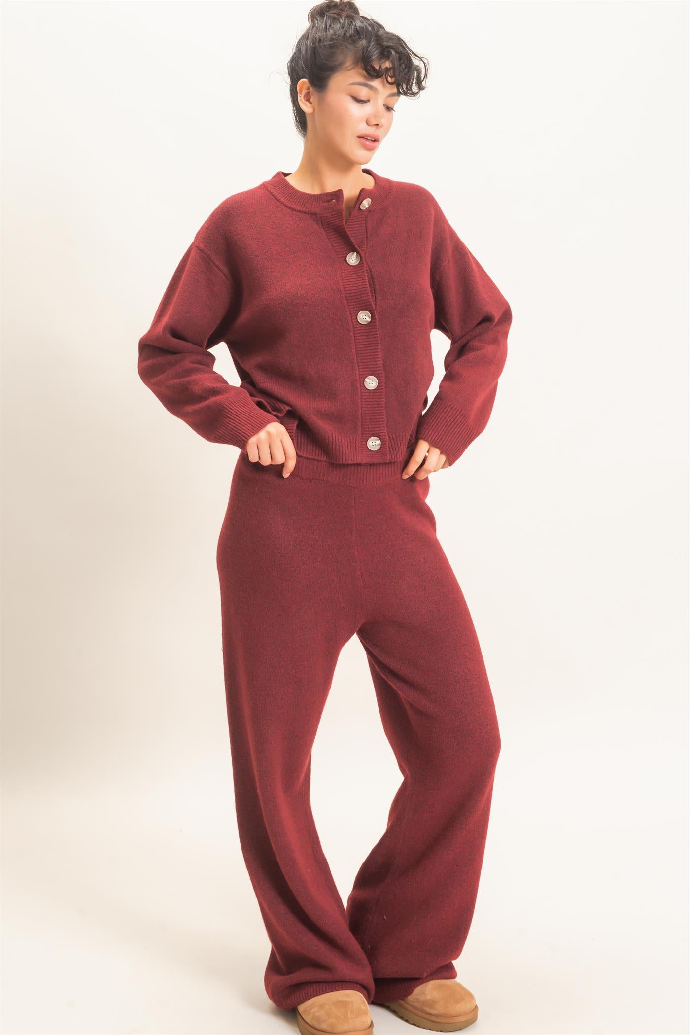 Wholesale Crew Neck Button Front Cardigan Cardigans DZ26E639 BURGUNDY DOUBLE ZERO