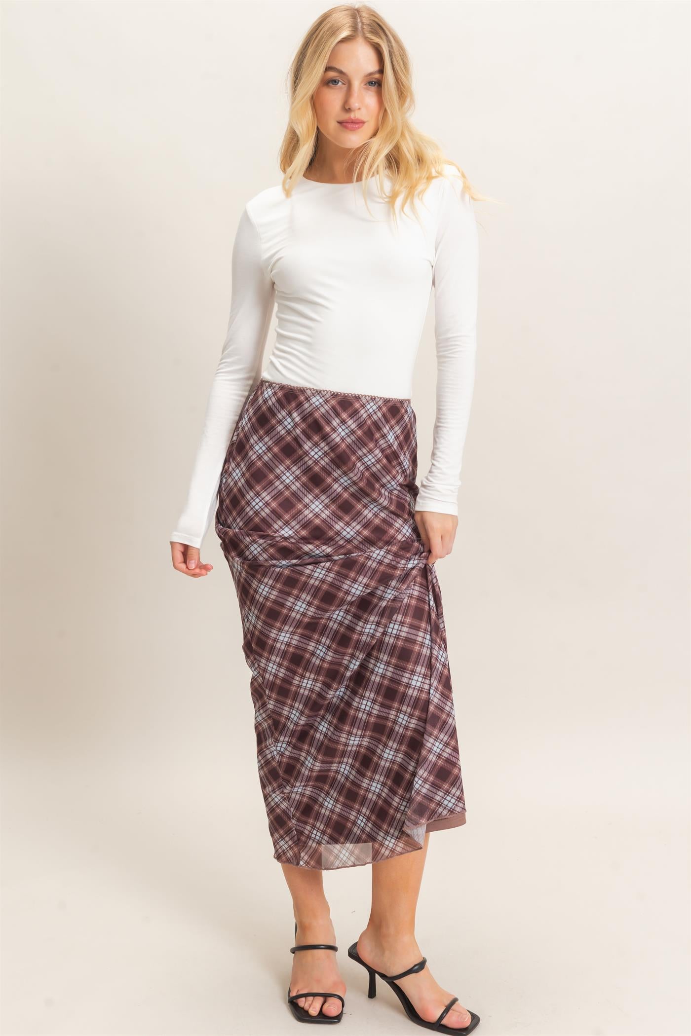 Wholesale Printed Mesh Maxi Skirt Skirts HF26F214 BROWN/PLAID HYFVE