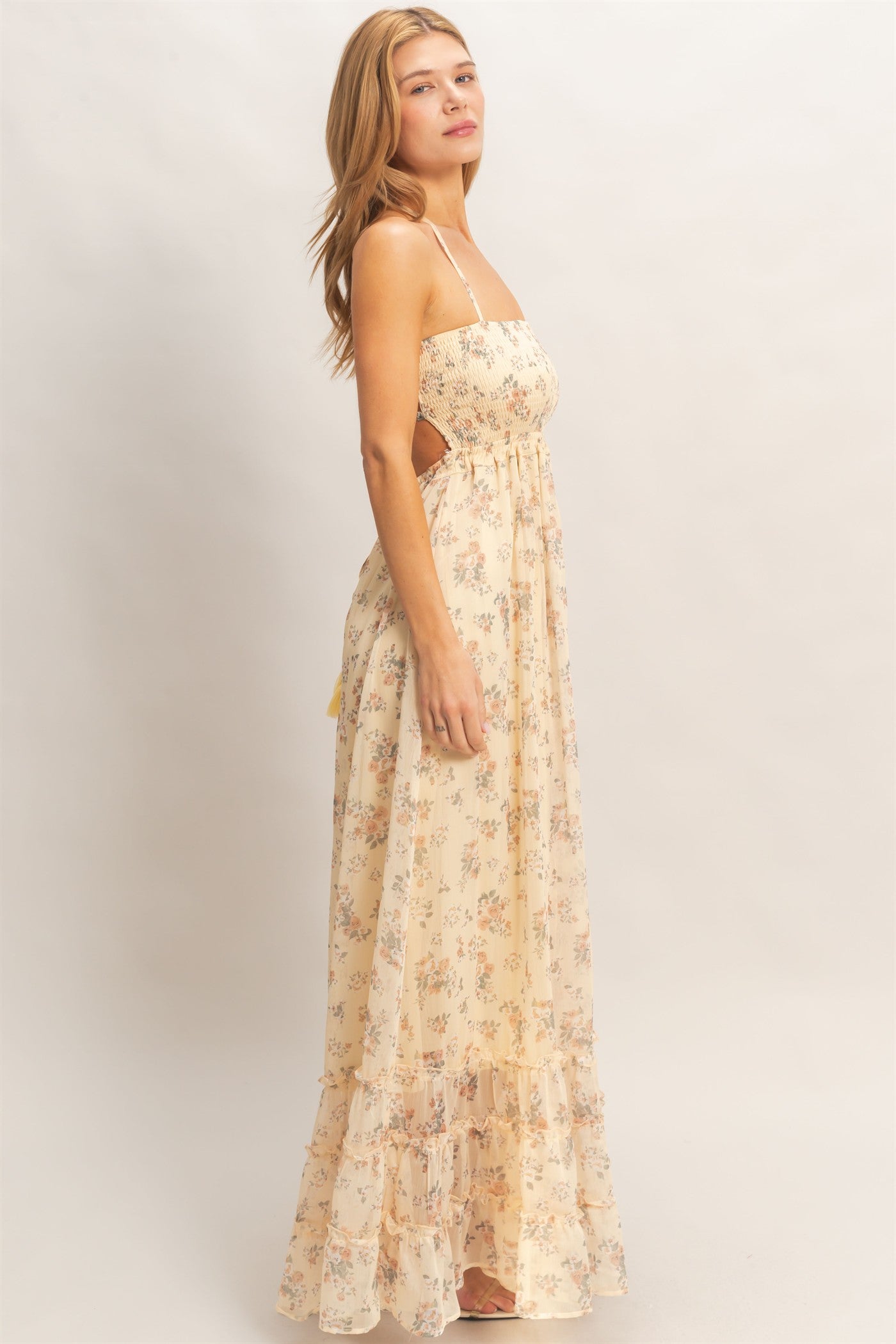 Wholesale Smocked Floral Maxi Dress Dresses HF26E648 BUFF YELLOW HYFVE