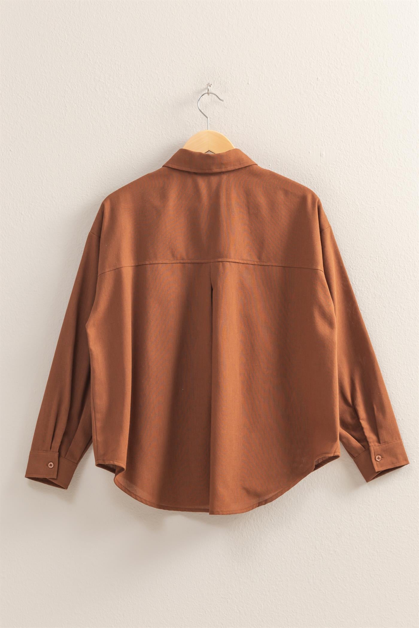 Wholesale Sand Washed Relaxed Long Sleeve Shirt Clothing Tops DZ24C609 CHESTNUT DOUBLE ZERO