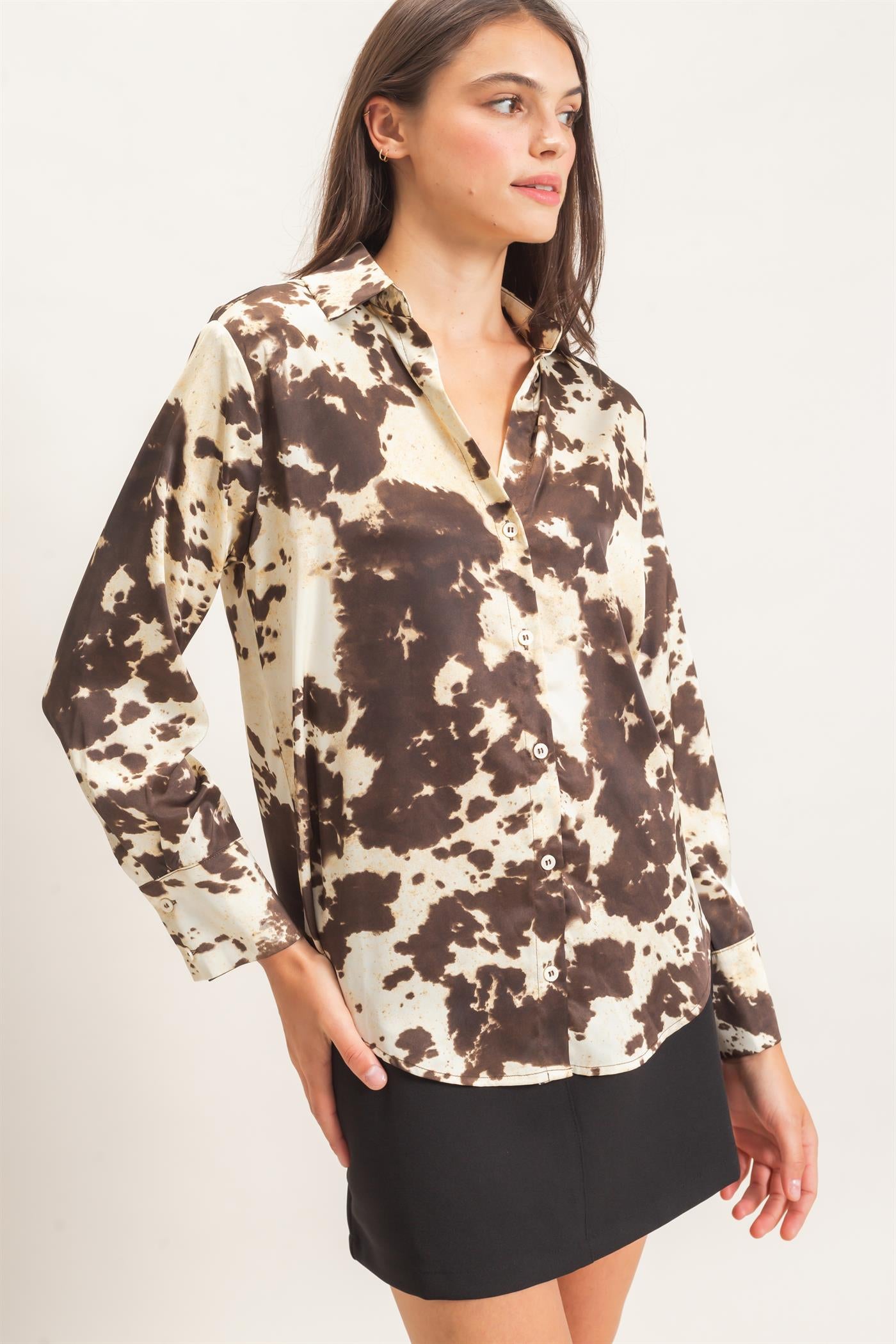 Wholesale Satin Cow Print Button-Up Shirt Clothing Tops HF26E554 BROWN HYFVE