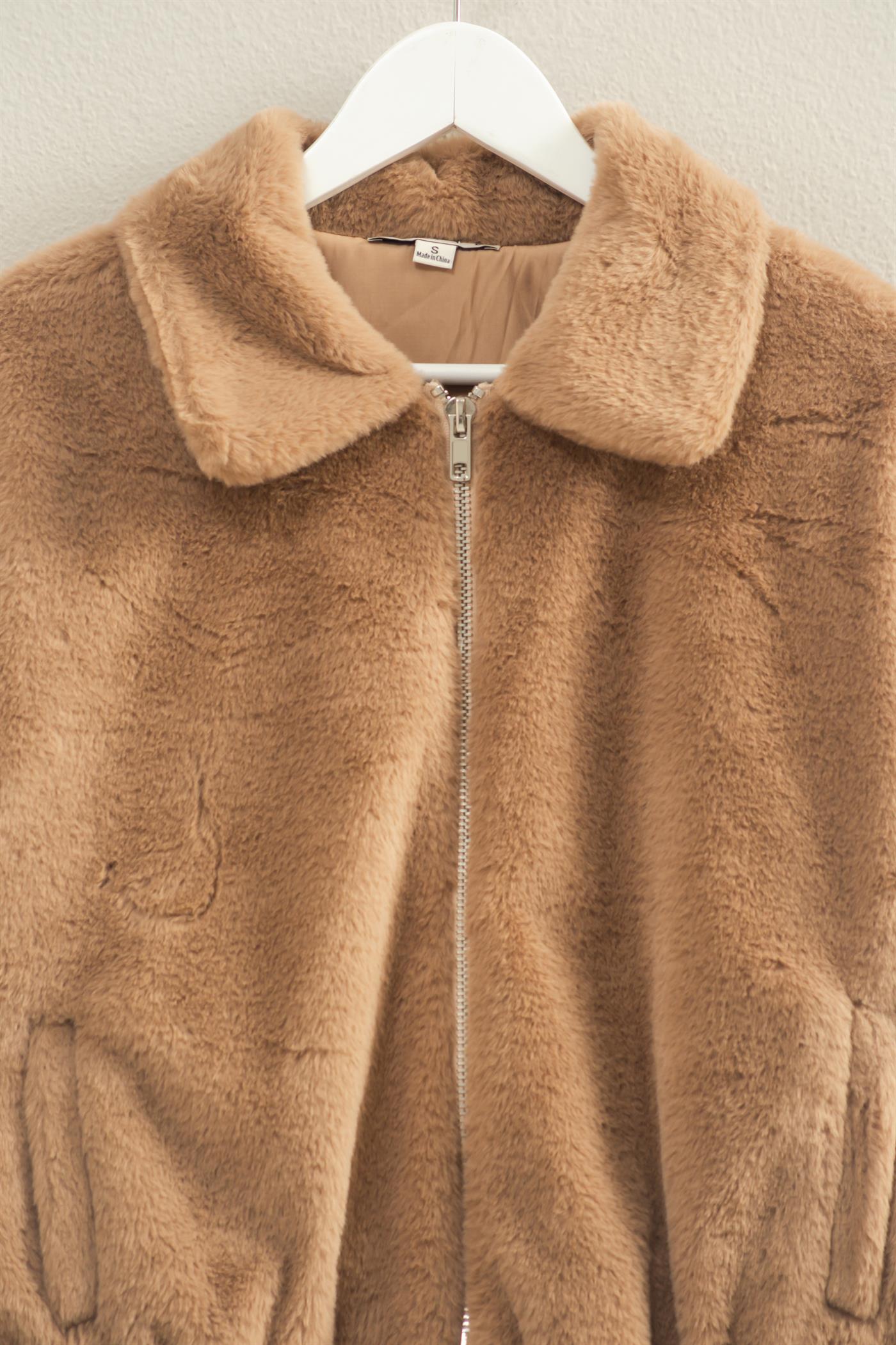 Wholesale Faux Fur Zip Up Jacket With Plush Collar Coats & Jackets HF25E940 MOCHA HYFVE