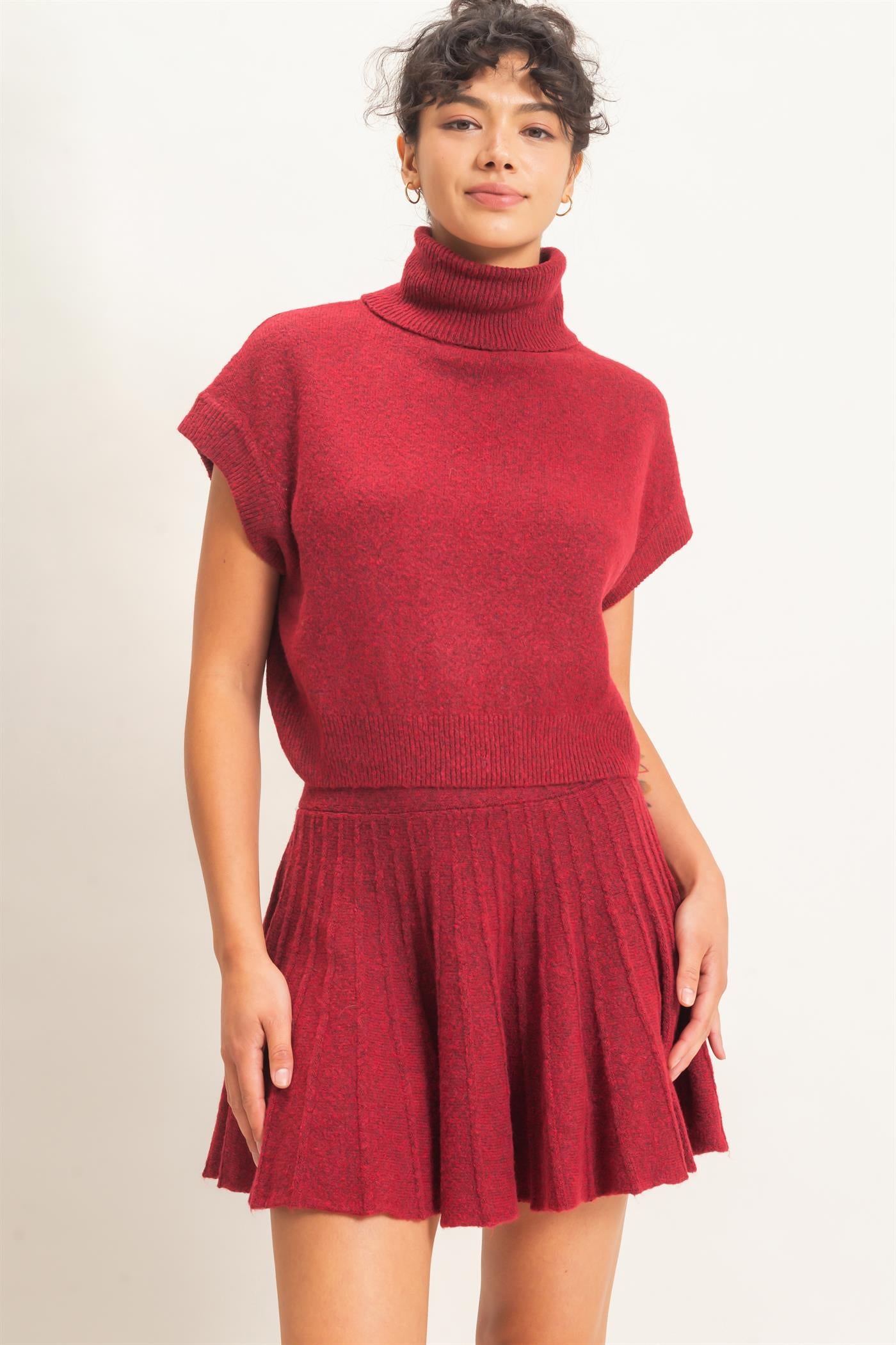 Wholesale Turtleneck Crop Top And Pleated Skirt Set Clothing DZ26C981-SET DARK RED DOUBLE ZERO