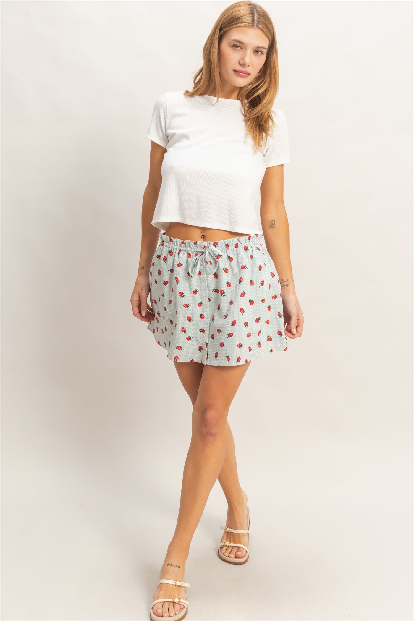 Wholesale Strawberry Print Gingham A-Line Skirt Skirts HF26A598 BLUE HYFVE