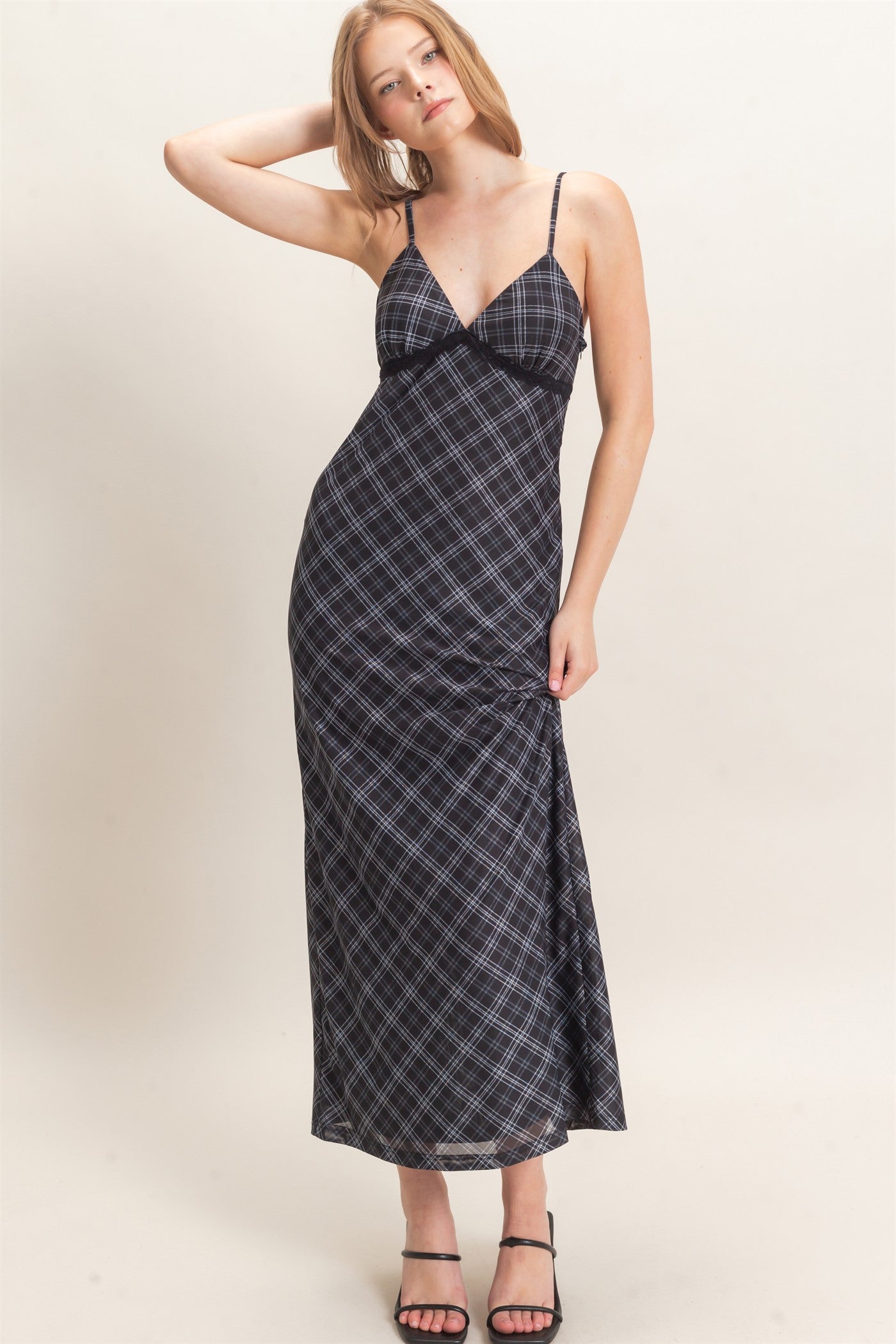 Wholesale Plaid Spaghetti Strap Midi Dress Dresses HF26E709 BLACK HYFVE