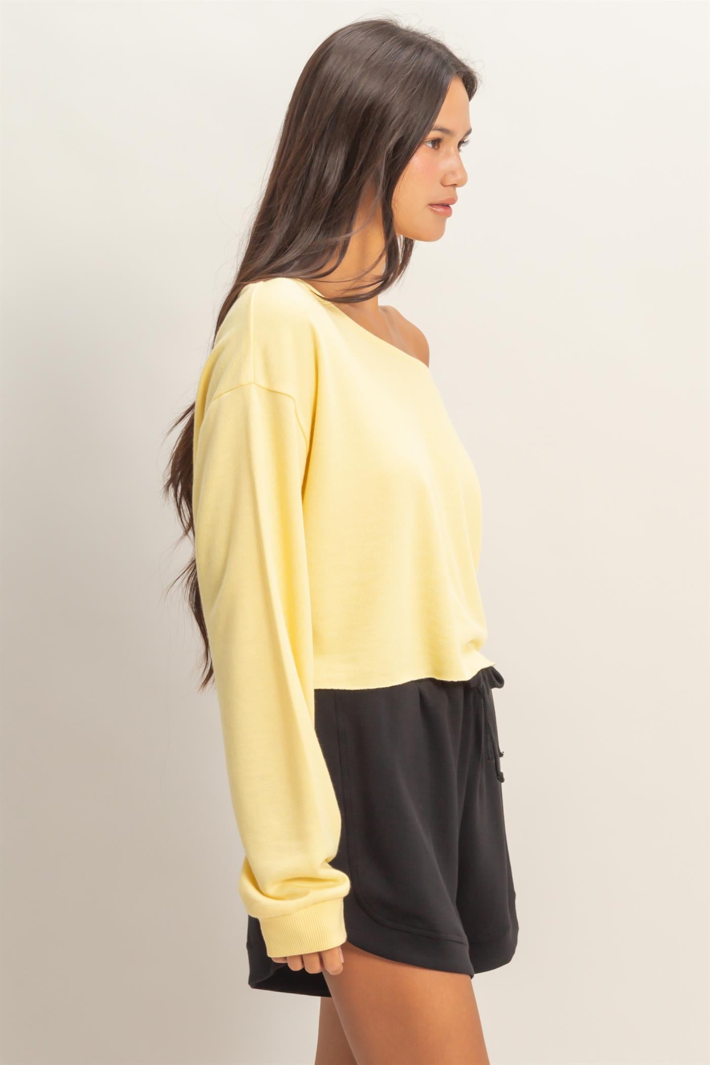 Wholesale Casually Cute Boat Neck Long Sleeve Top Clothing Tops DZ25C023 CREAMY YELLOW DOUBLE ZERO