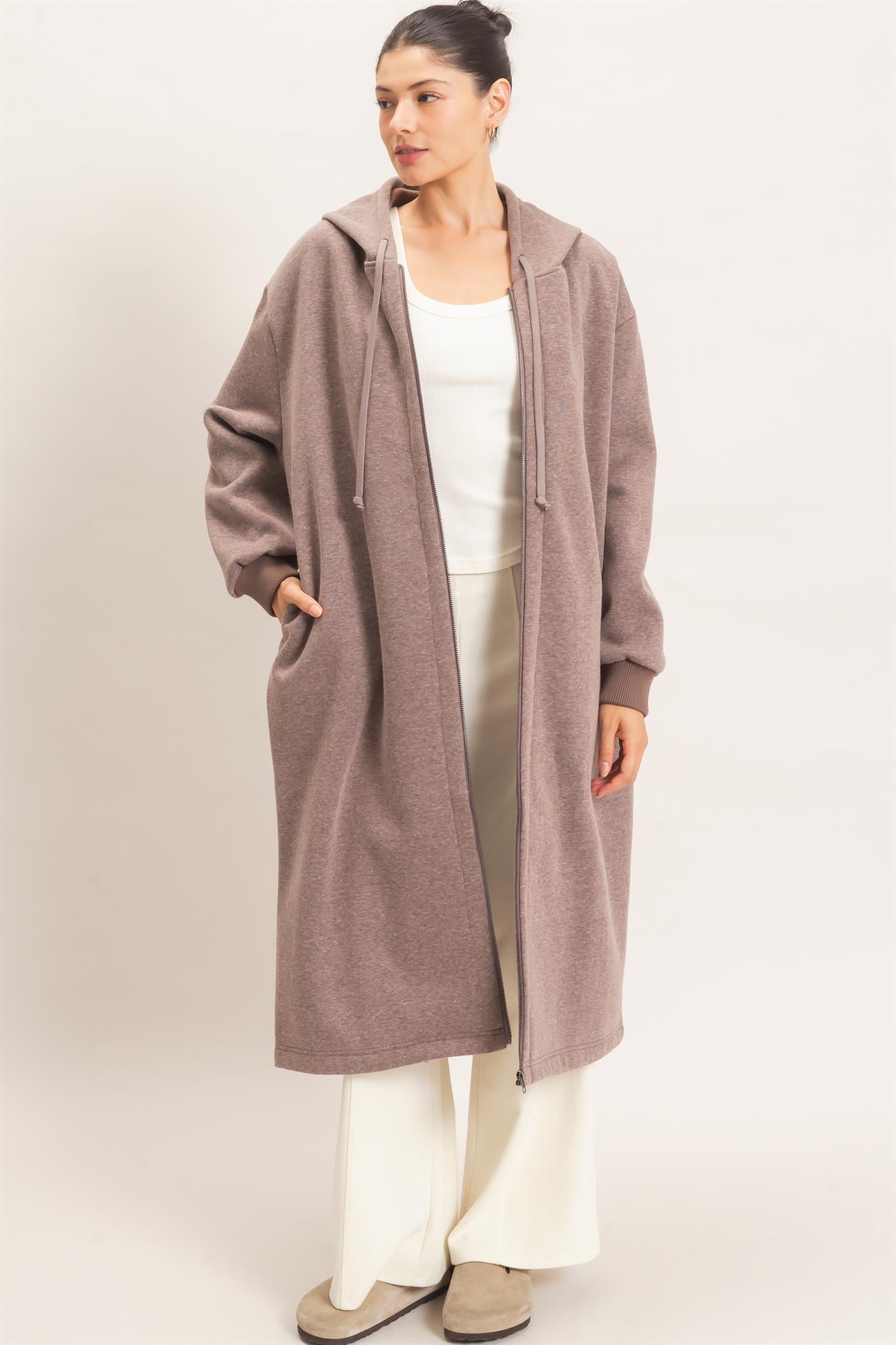 Wholesale Oversized Longline Zip-Up Hoodie Jacket Outerwear HF26E650 WALNUT HYFVE