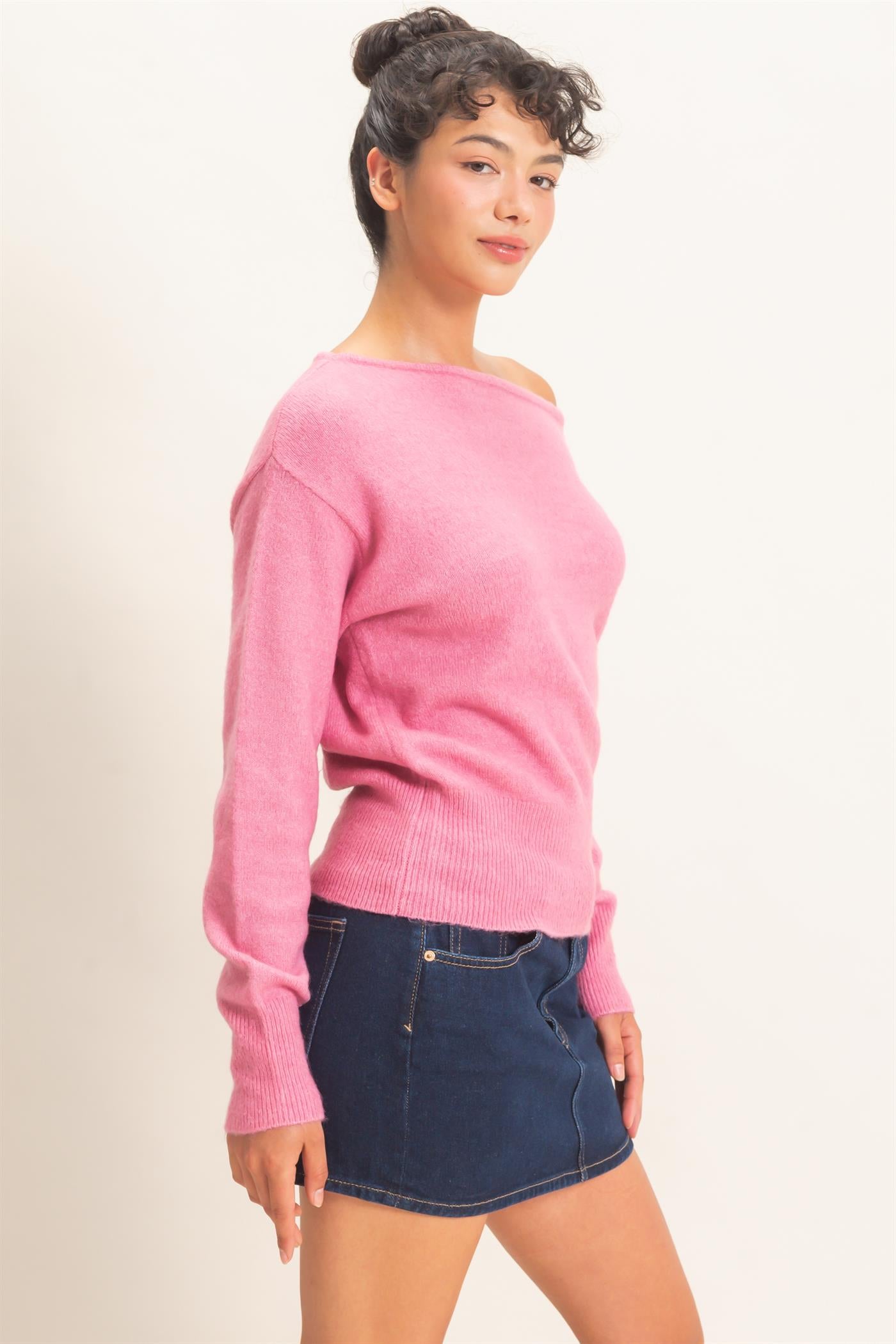 Wholesale Off The Shoulder Sweater Top Sweaters DZ26F290 PINK DOUBLE ZERO