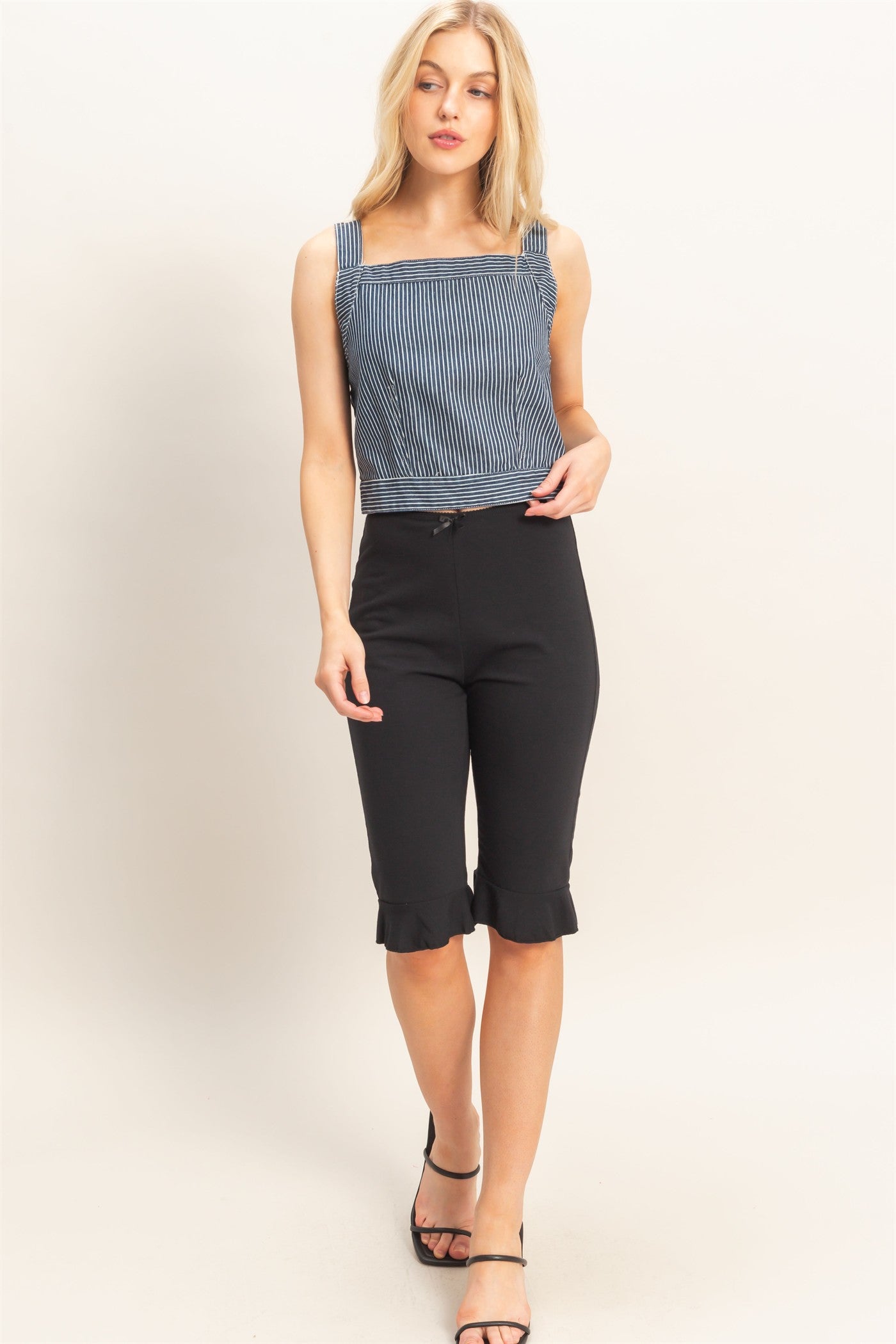 Wholesale Square Neck Denim Tank Top with Back Tie Detail Tank Tops HF26A065 D.DENIM HYFVE