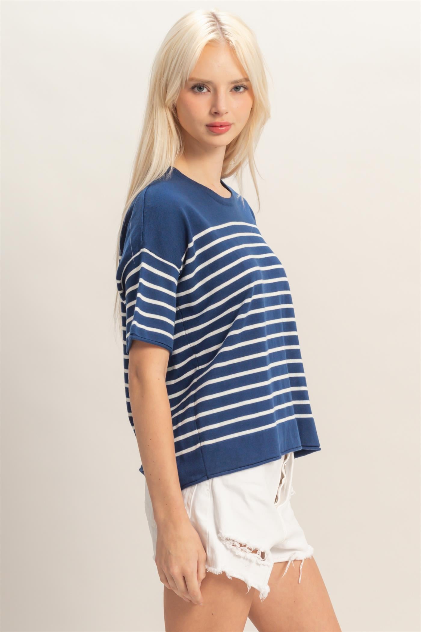 Wholesale Striped Short Sleeve Knit Top Clothing Tops DZ26A838 NAVY DOUBLE ZERO