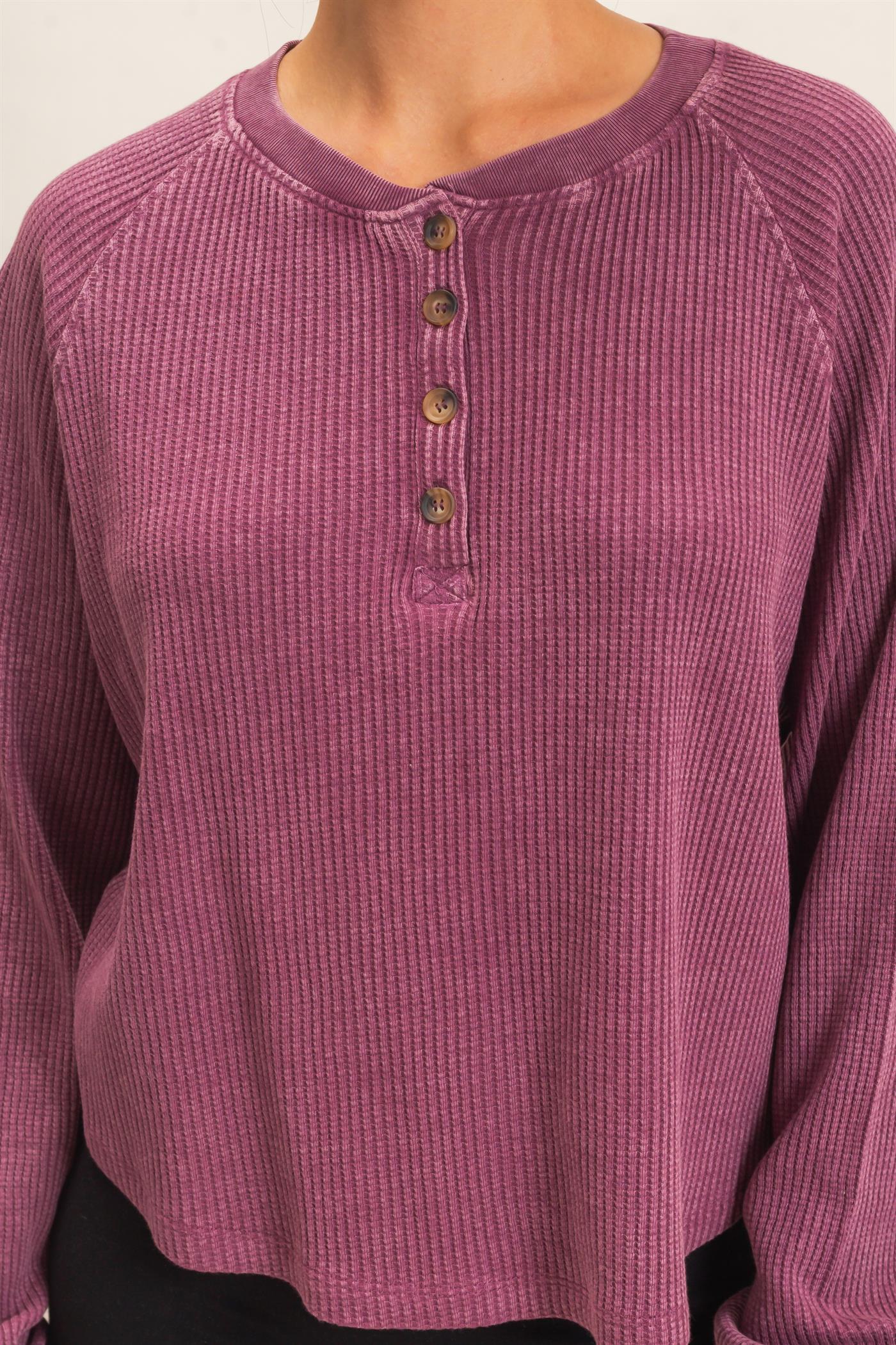Wholesale Mineral Wash Waffle Knit Henley Top Sweatshirts DZ26E947 DARK CHERRY DOUBLE ZERO