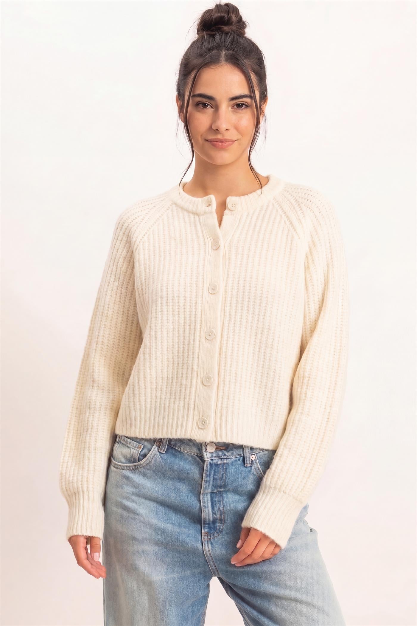 Wholesale Ribbed Button Front Cardigan Cardigans DZ26E109 CREAM DOUBLE ZERO