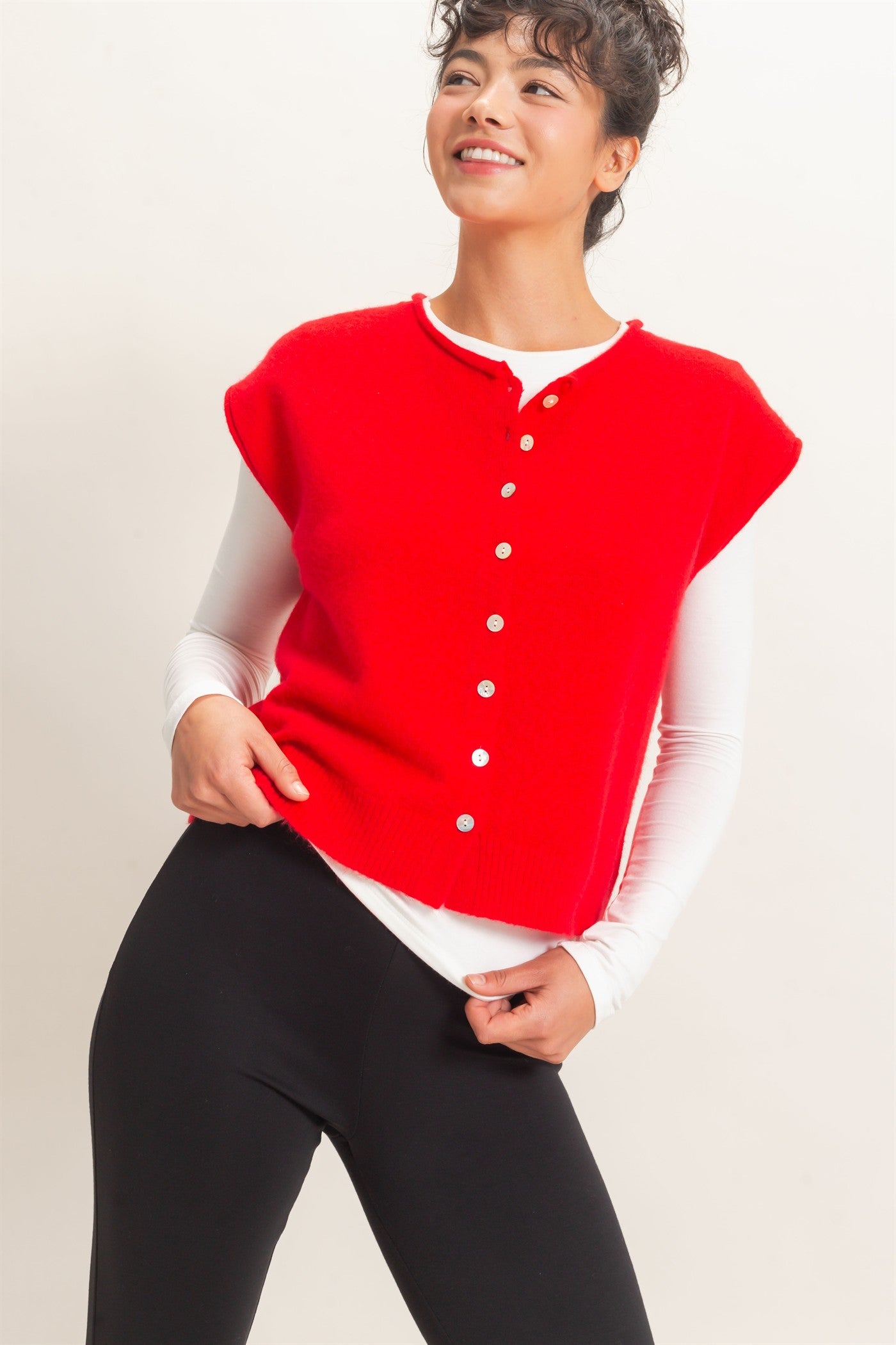 Wholesale Rolled Edge Button Front Sweater Vest Sweaters DZ26E239 RED DOUBLE ZERO