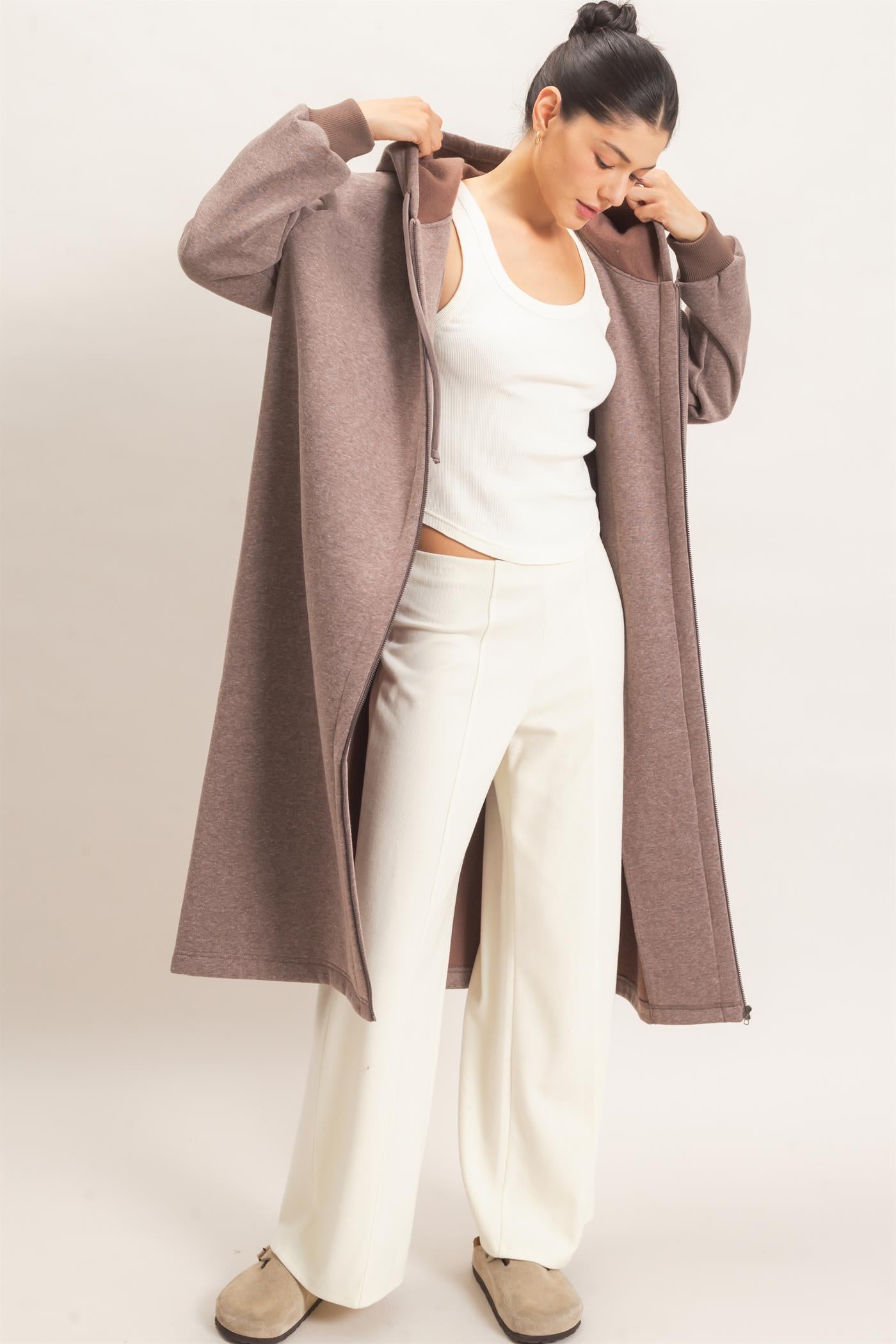 Wholesale Oversized Longline Zip-Up Hoodie Jacket Outerwear HF26E650 WALNUT HYFVE
