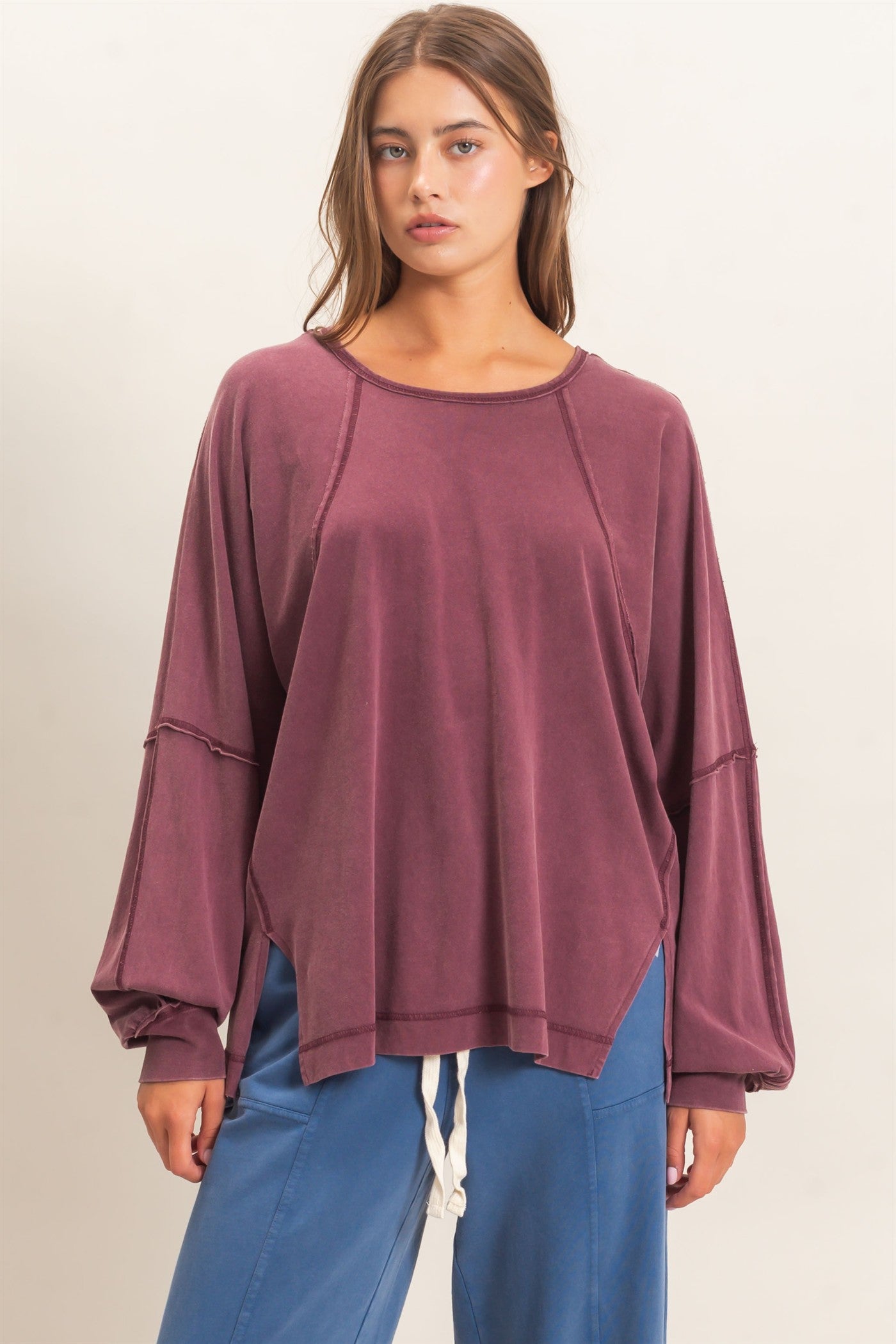 Wholesale Raglan Sleeve Snow Wash Top Shirts DZ26E945 DARK CHERRY DOUBLE ZERO