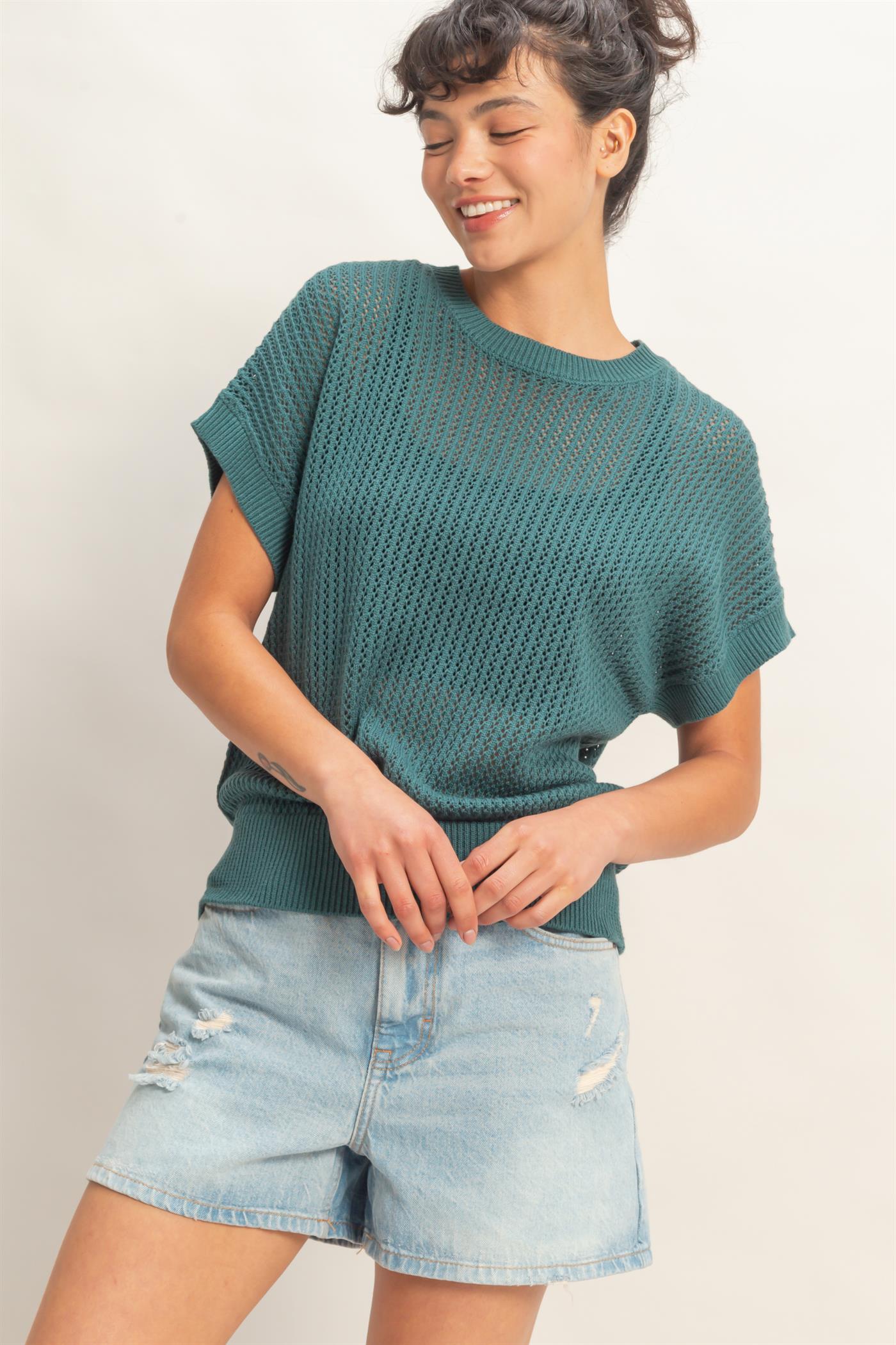Wholesale Open-Knit Dolman Sleeve Top Clothing Tops DZ26A334 DARK TEAL DOUBLE ZERO