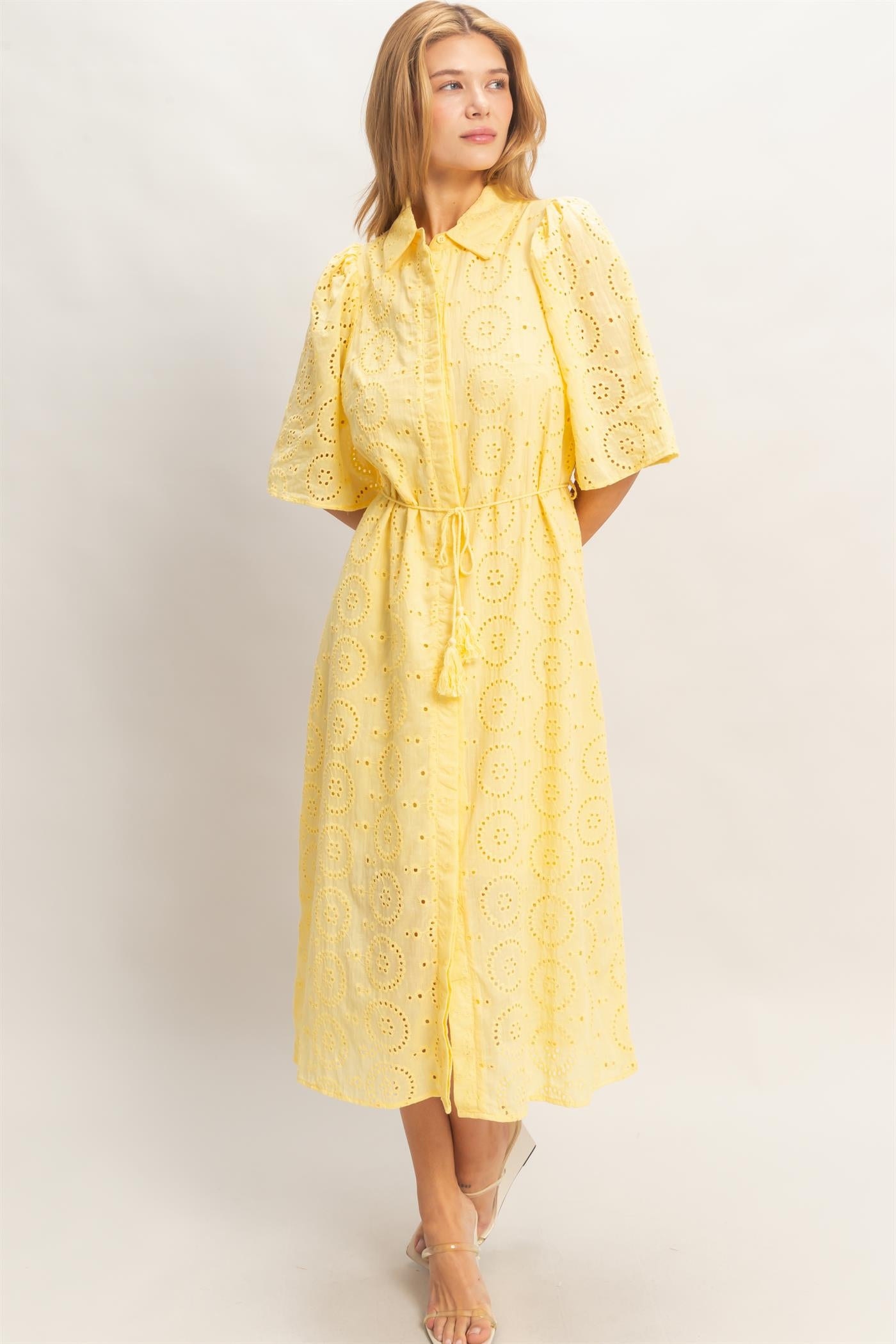 Wholesale Eyelet Collared Midi Dress Dresses HF26A021 YELLOW HYFVE