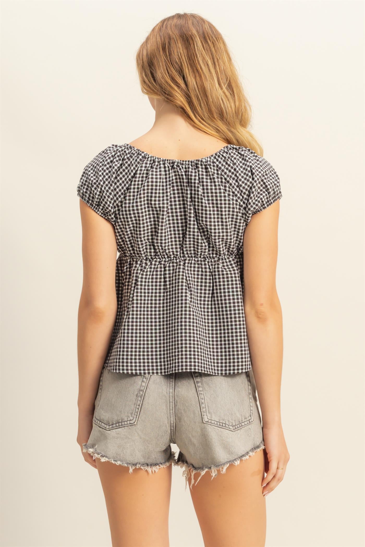 Wholesale Gingham Scoop Neck Cap Sleeve Blouse Blouses DZ25C042 BLACK DOUBLE ZERO