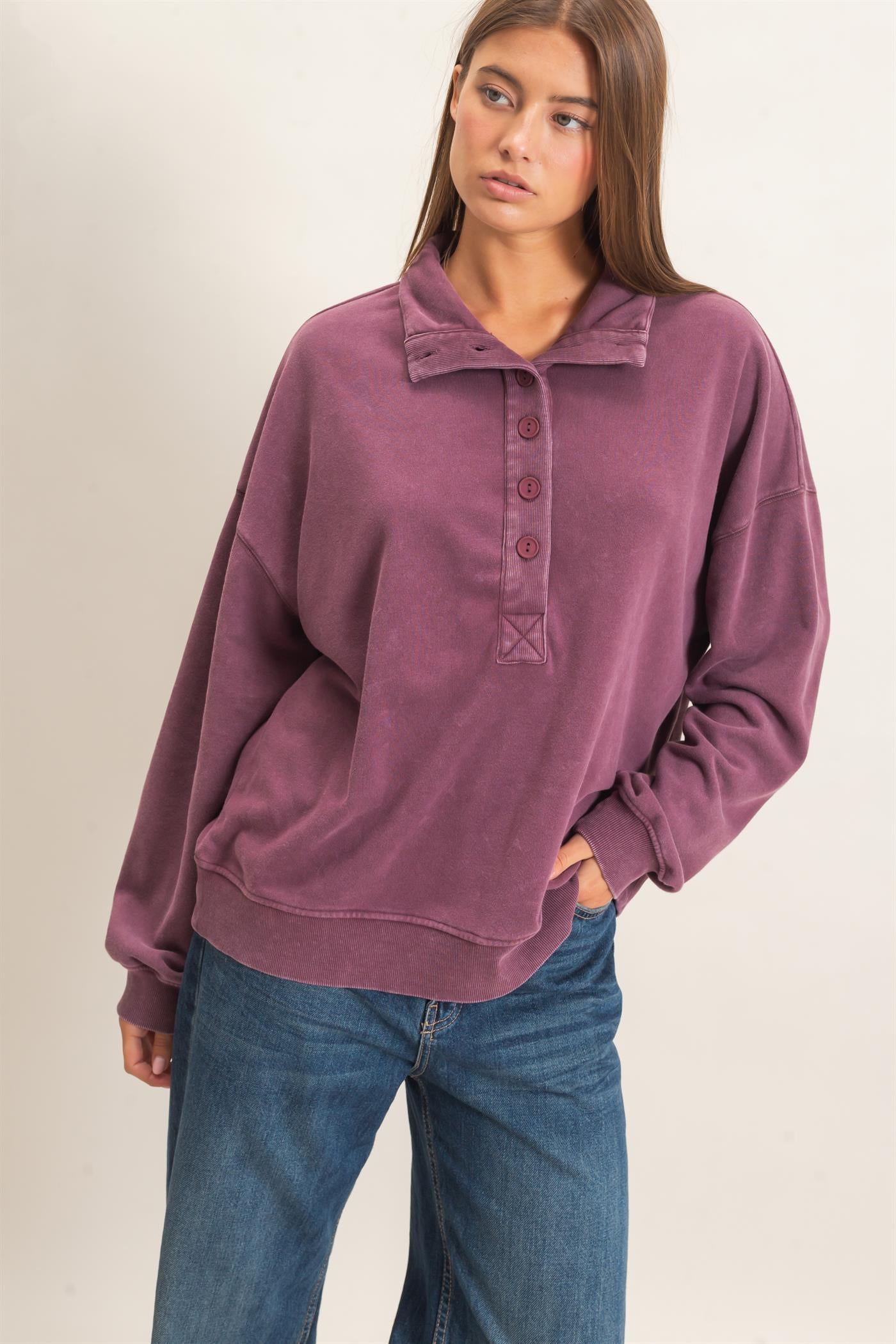 Wholesale Mineral Wash Button Front Sweatshirt Sweatshirts DZ26C909 DARK CHERRY DOUBLE ZERO