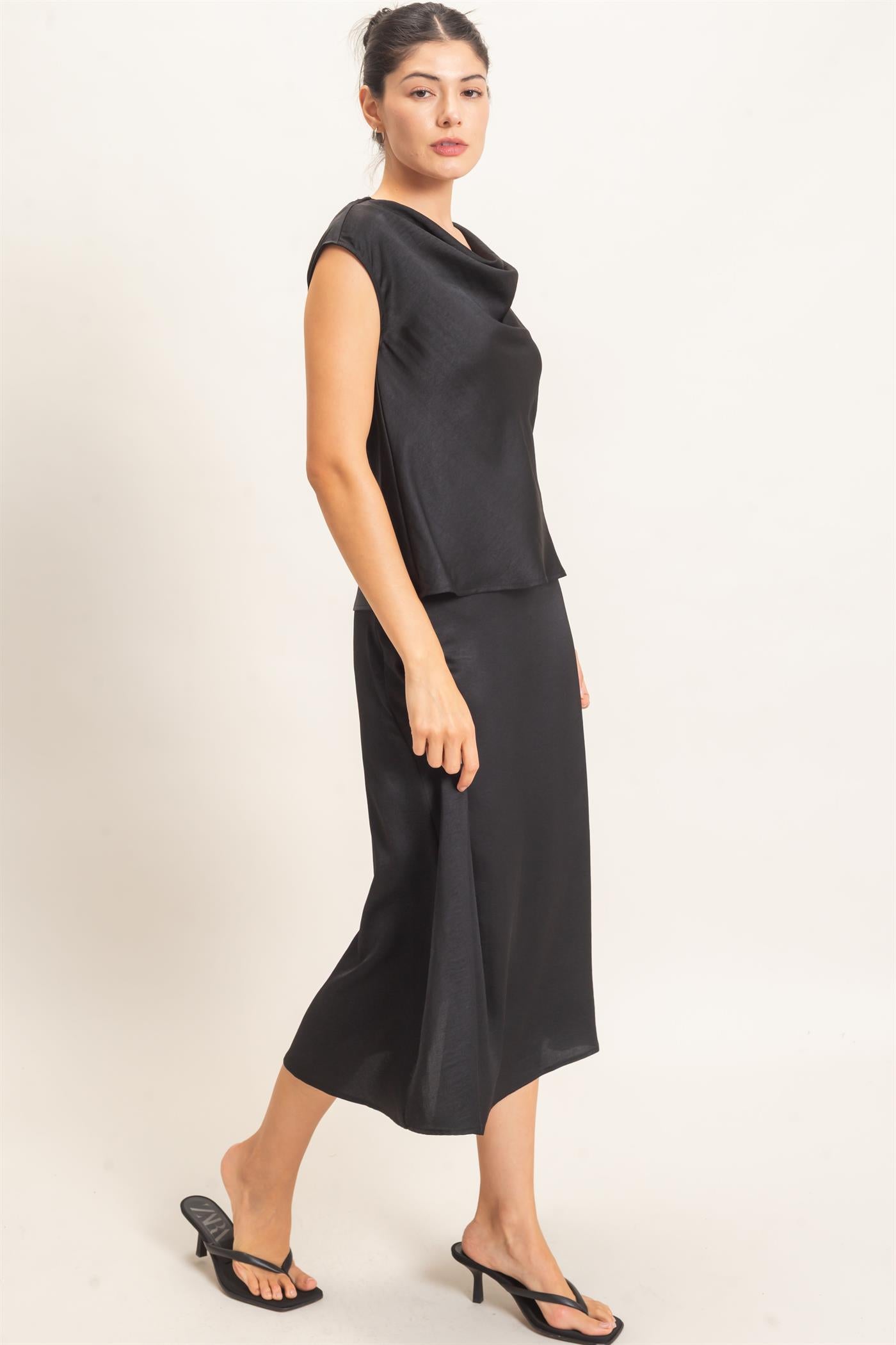 Wholesale Satin Cowl Neck Top And Skirt Set Clothing HF26C690-SET BLACK HYFVE