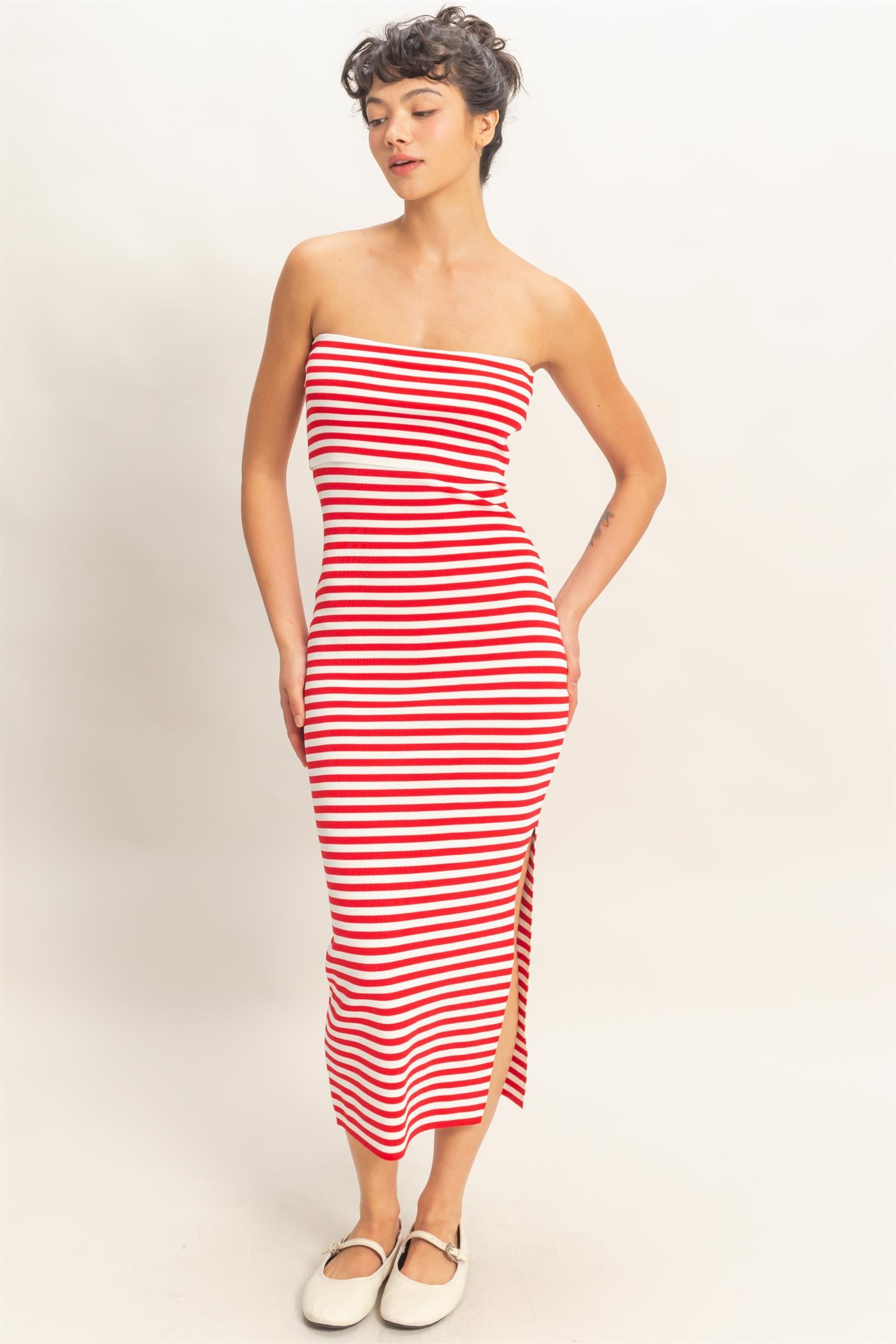 Wholesale Strapless Striped Bodycon Midi Dress Dresses DZ26C336 RED DOUBLE ZERO