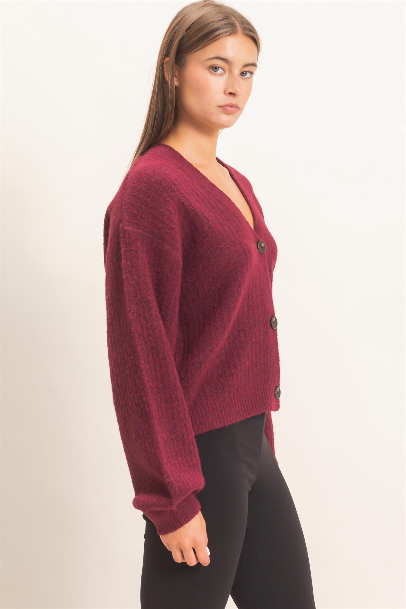 Wholesale Textured V-Neck Cardigan Cardigans DZ26E080 DARK CHERRY DOUBLE ZERO