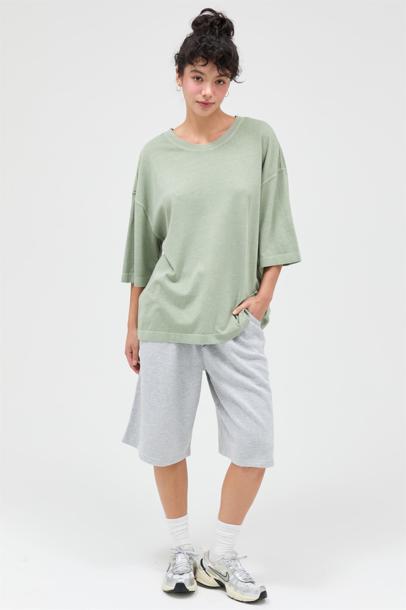 Wholesale Pigment Dye Oversized Half-Sleeve T-Shirt Clothing Tops DZ26A459 SAGE GREEN DOUBLE ZERO