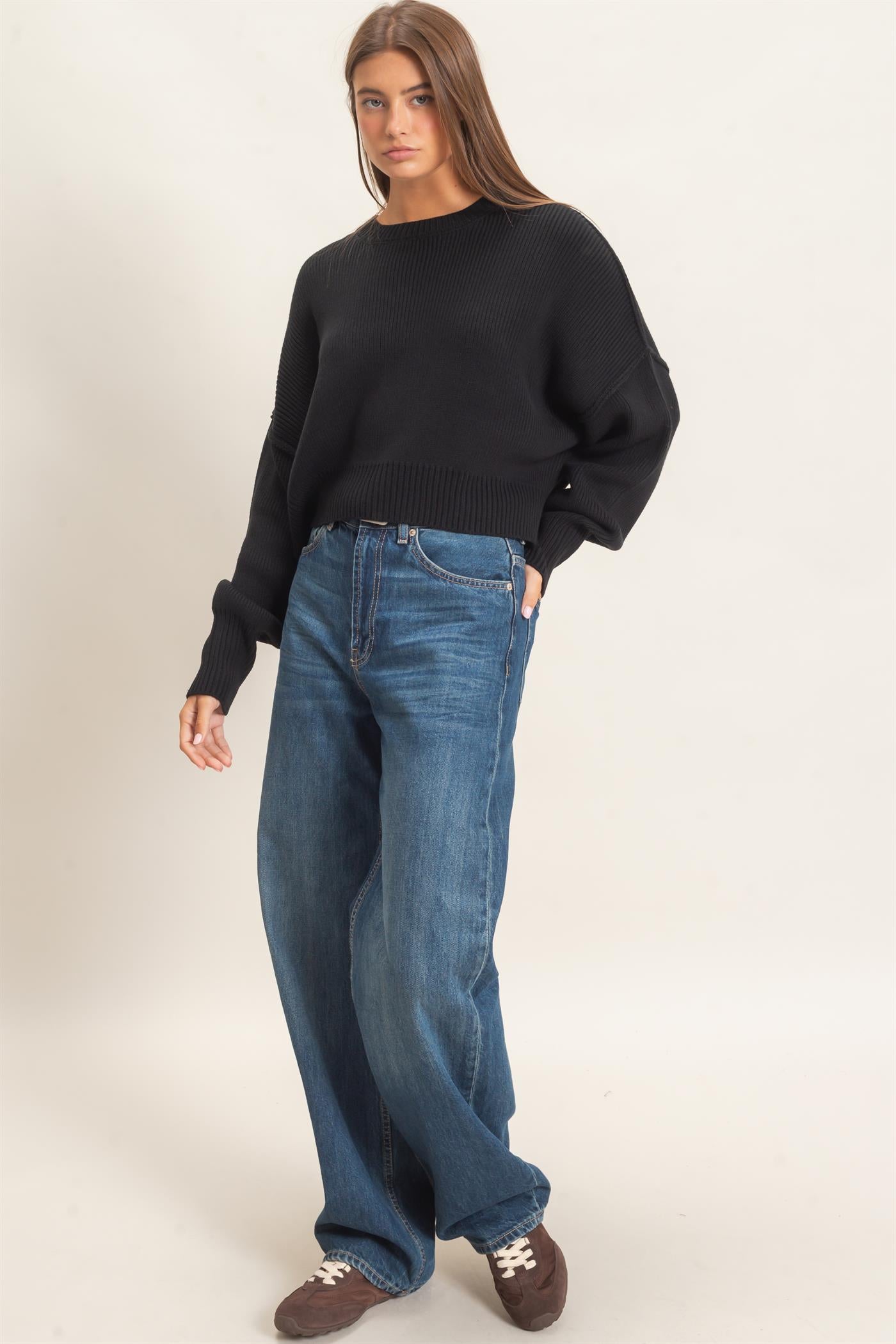 Wholesale Ribbed Drop Shoulder Sweater Sweaters DZ26C982 BLACK DOUBLE ZERO