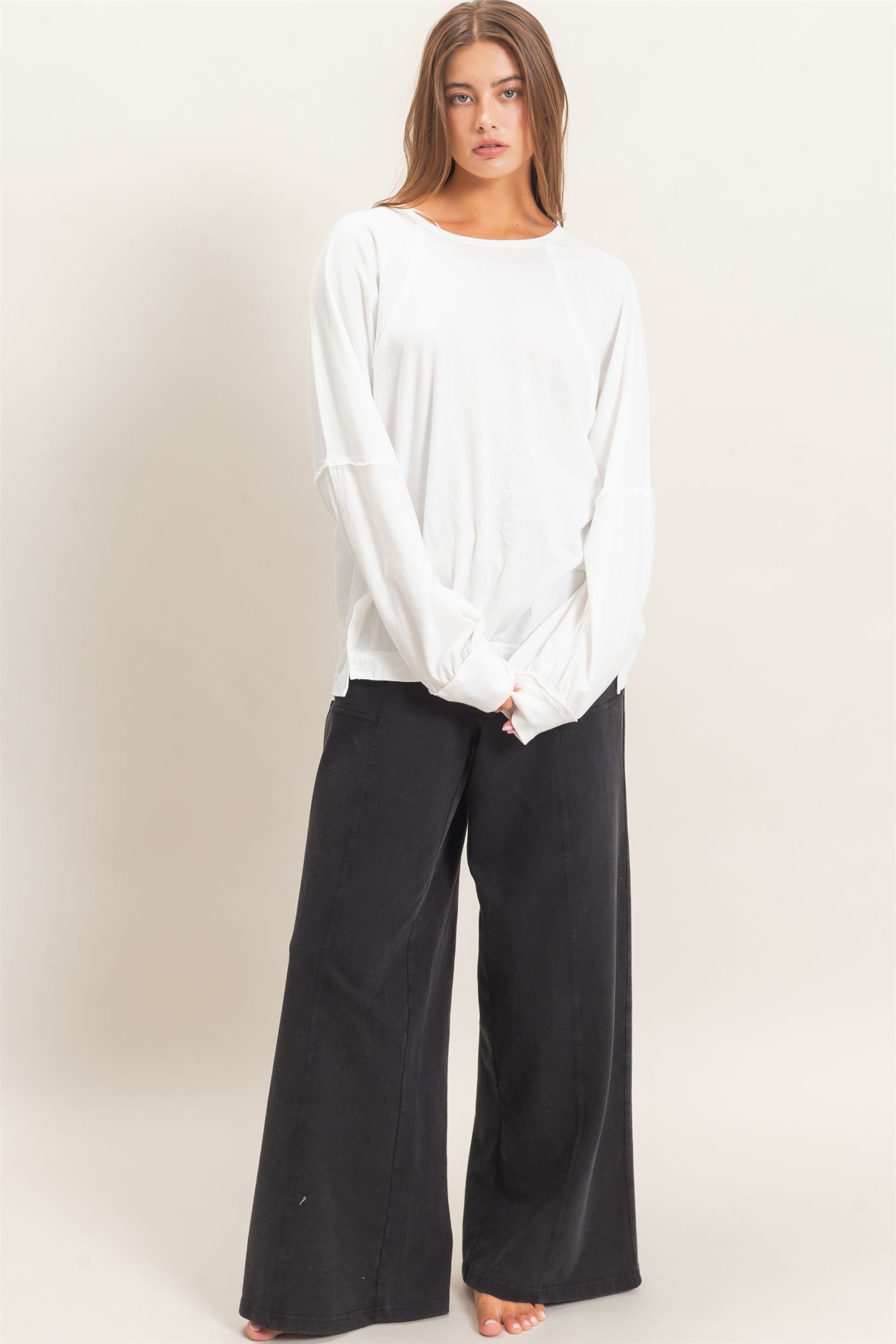 Wholesale Raglan Sleeve Snow Wash Top Shirts DZ26E945 WHITE DOUBLE ZERO