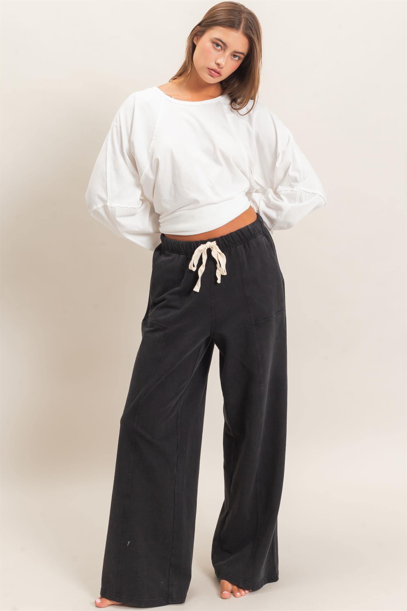 Wholesale Acid Wash Drawstring Waist Wide Leg Pants Pants DZ25A685 BLACK DOUBLE ZERO