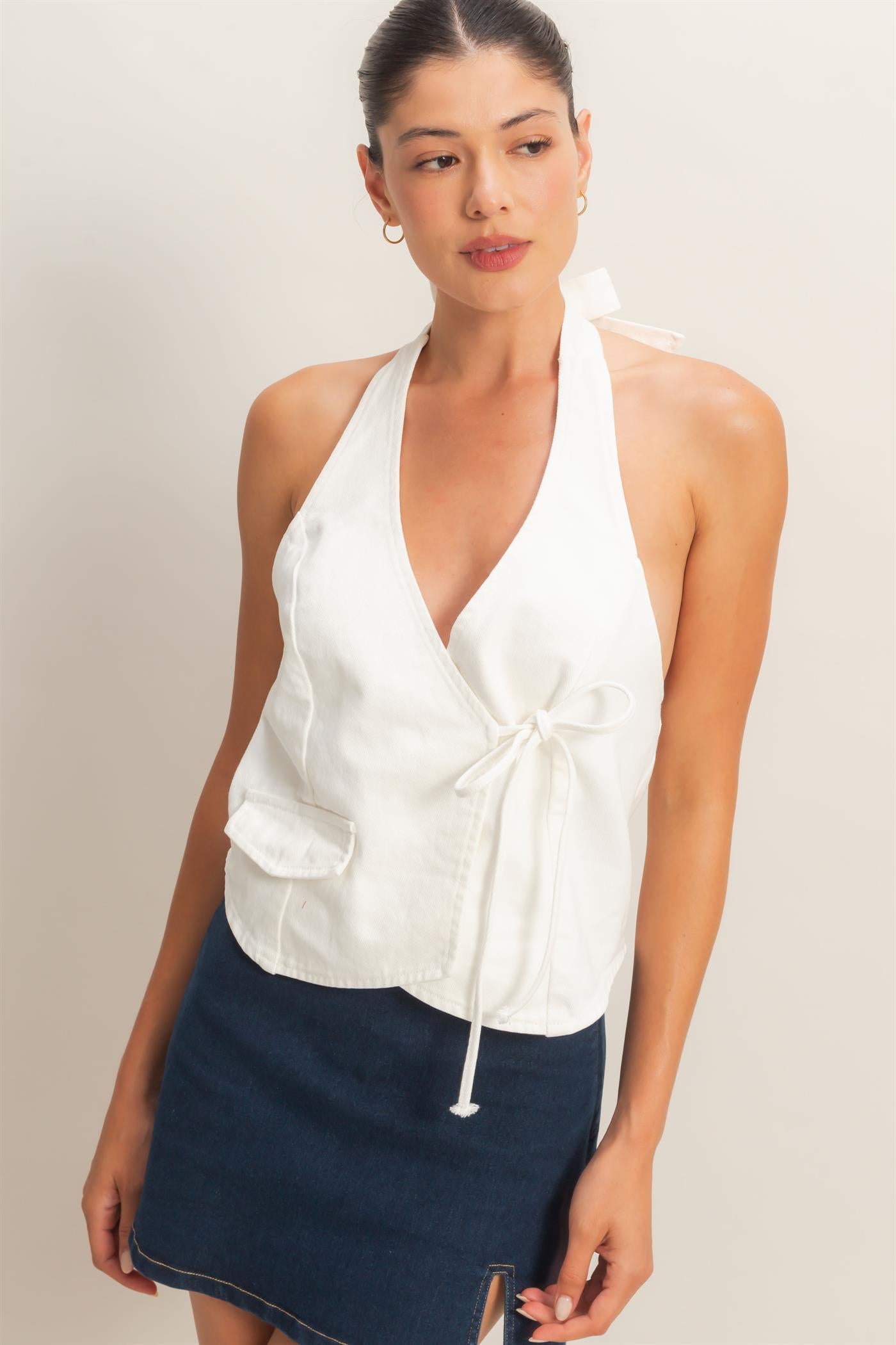 Wholesale Denim Halter Wrap Top Clothing Tops HF26C565 WHITE HYFVE