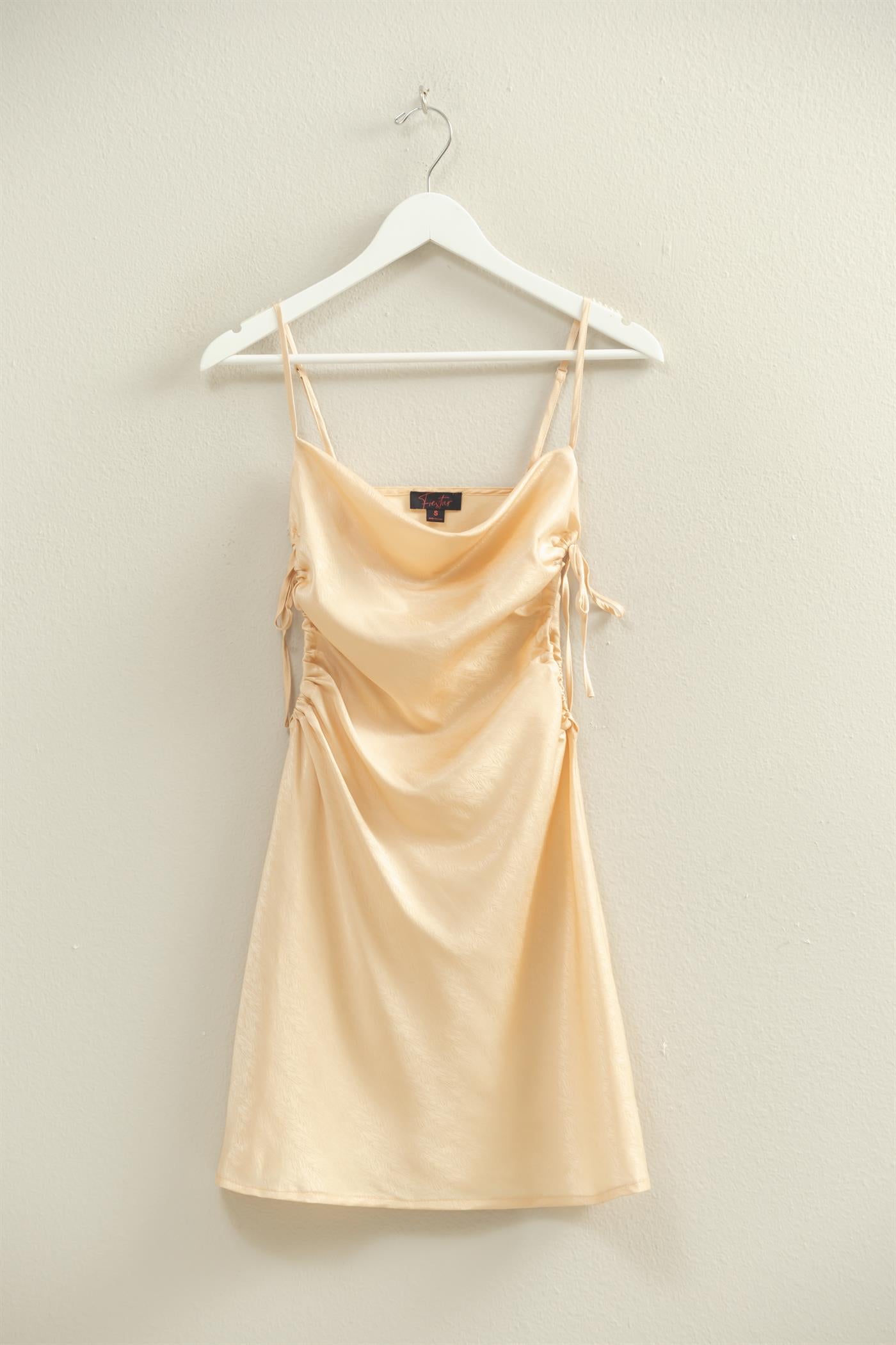 Wholesale Satin Ruched Side Cutout Mini Dress Dresses FS22A672 SAND HYFVE