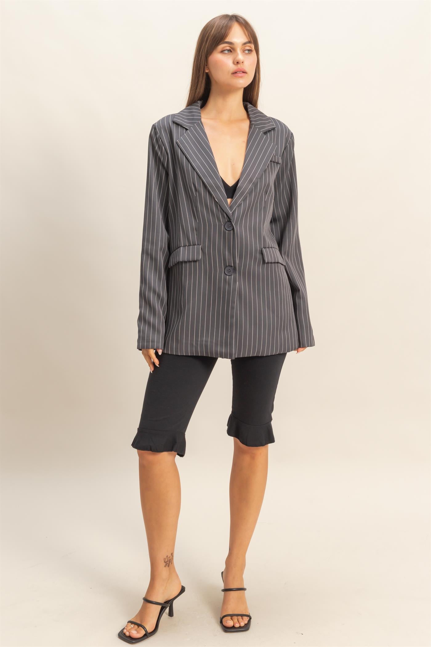 Wholesale Pin Stripe Oversized Blazer Coats & Jackets HF24A247 CHARCOAL HYFVE
