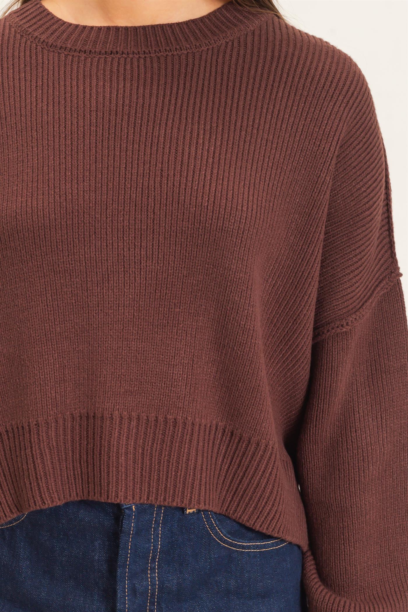 Wholesale Ribbed Drop Shoulder Sweater Sweaters DZ26C982 DARK BROWN DOUBLE ZERO