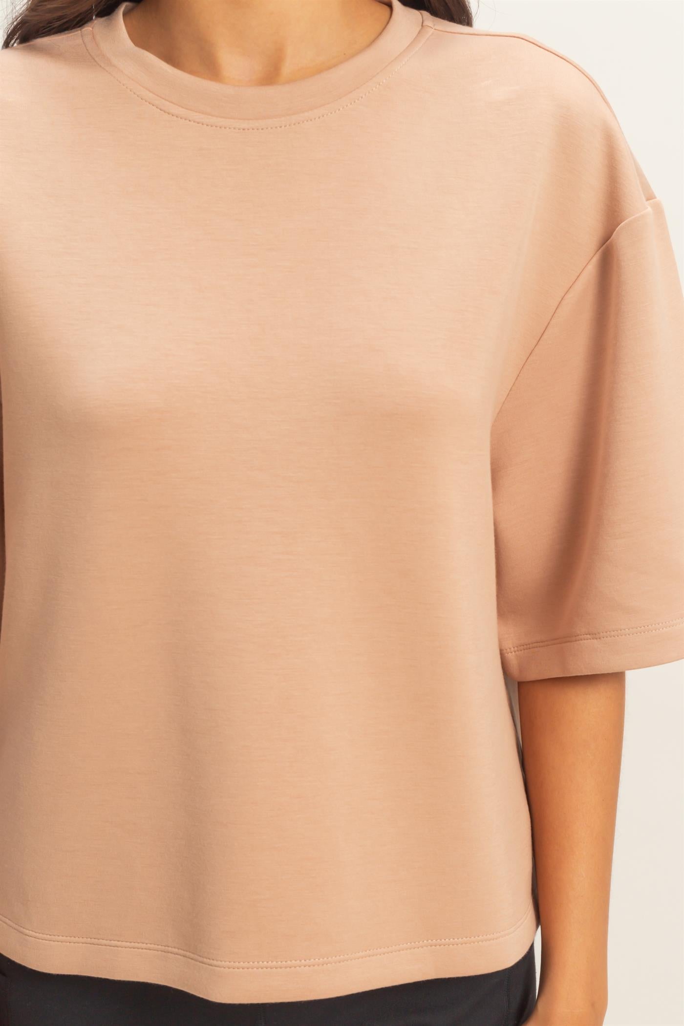 Wholesale Scuba Short Sleeve Boxy Top T-Shirts DZ26A271 DARK TAUPE DOUBLE ZERO