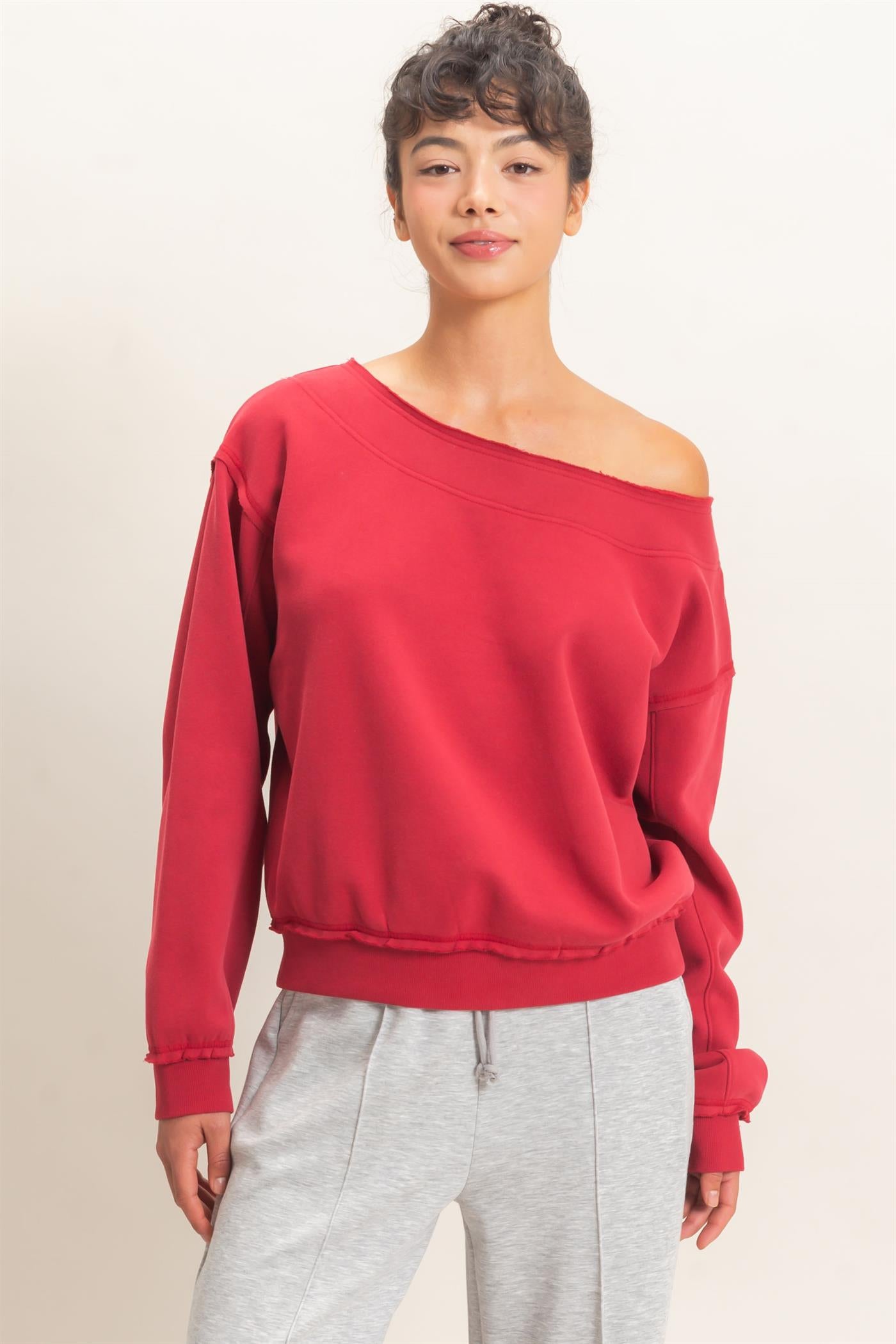 Wholesale Off Shoulder Sweatshirt Sweatshirts DZ26C880 DARK RED DOUBLE ZERO
