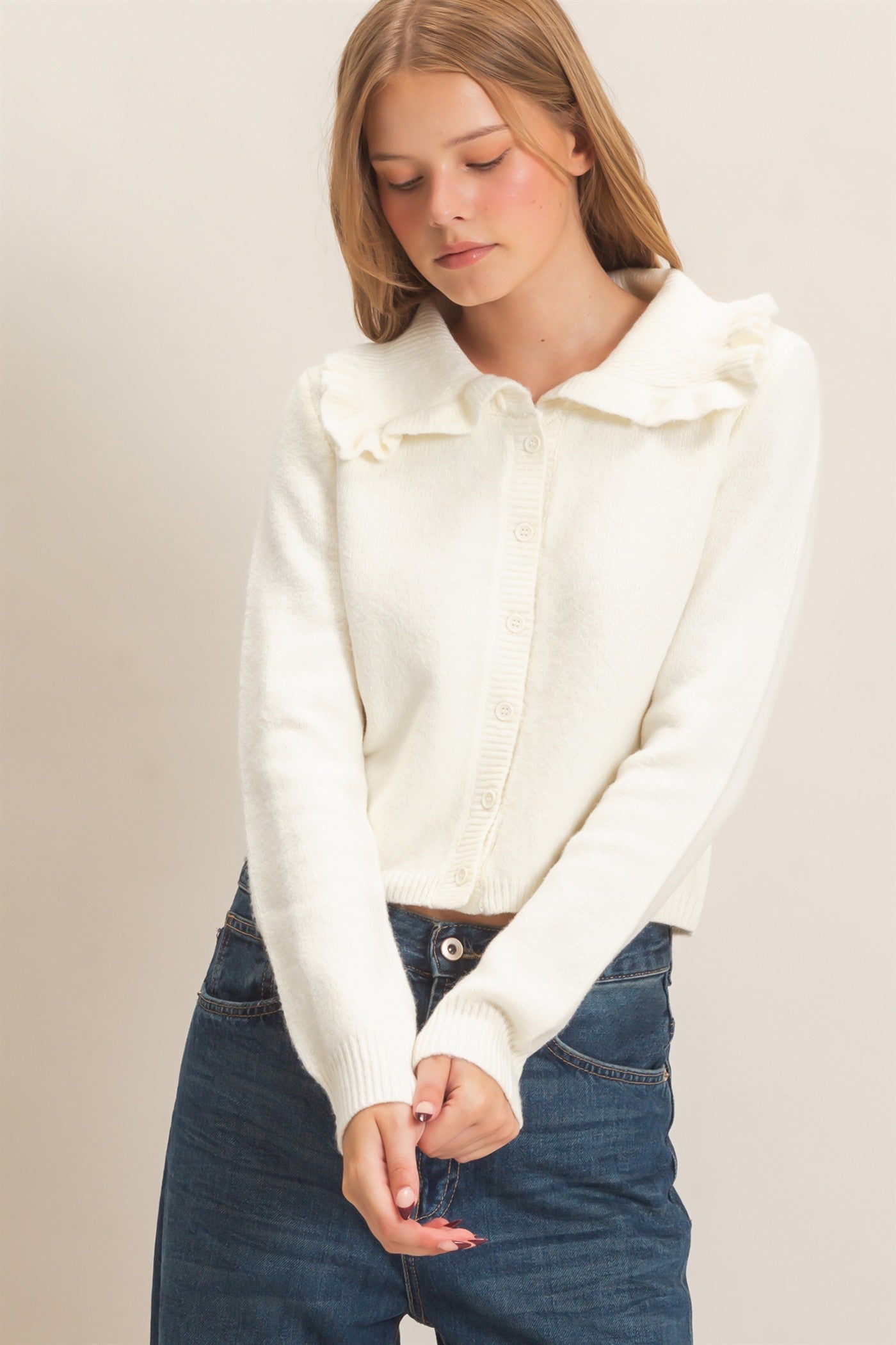 Wholesale Ruffled Collar Knit Cardigan Cardigans HF26E162-D IVORY HYFVE