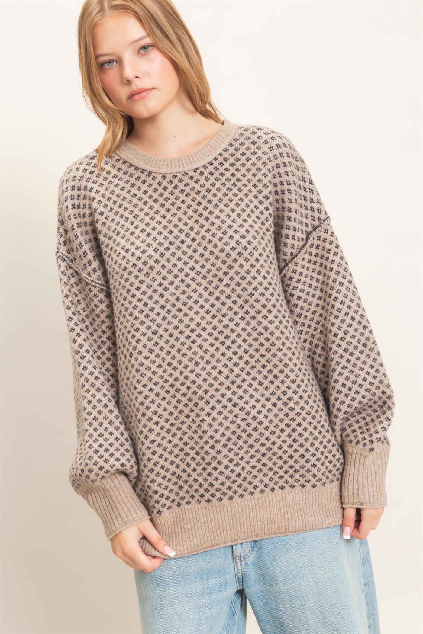 Wholesale Diamond Jacquard Knit Sweater Sweaters HF26E891 TAUPE HYFVE
