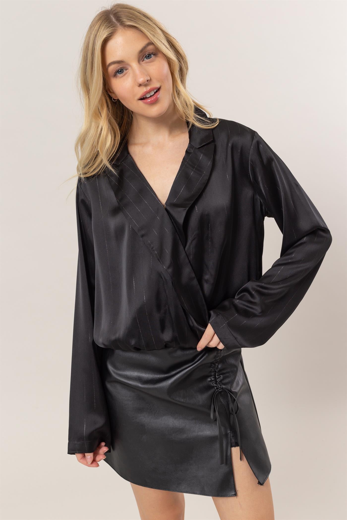 Wholesale Sophisticated Lurex Striped Wrap Blouse Clothing Tops HF25C383 BLACK HYFVE