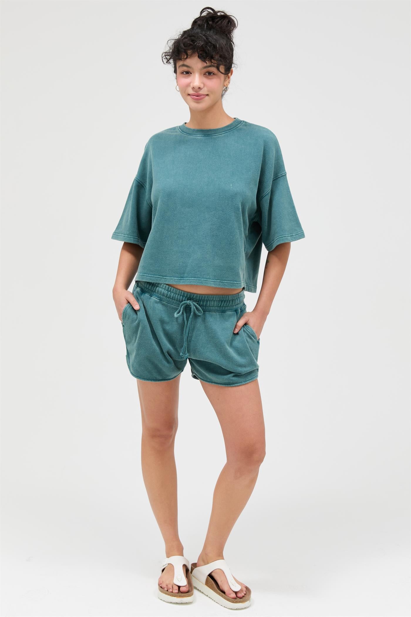 Wholesale Acid Wash Boxy Crew Neck Top T-Shirts DZ26C093 DARK TEAL DOUBLE ZERO