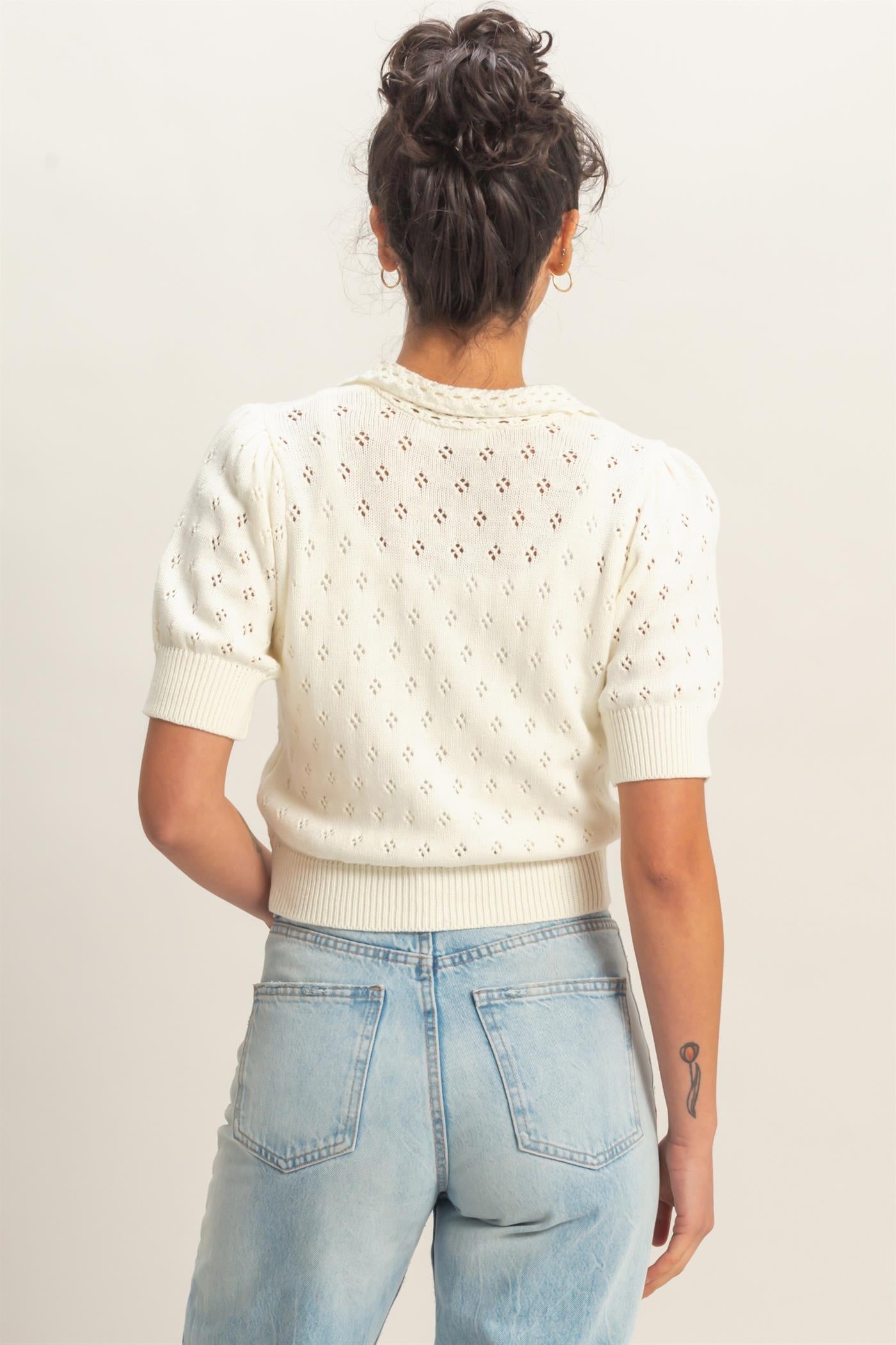 Wholesale Pointelle Collar Button-Up Puff Sleeve Knit Top Clothing Tops DZ26A748 WHIP CREAM HYFVE