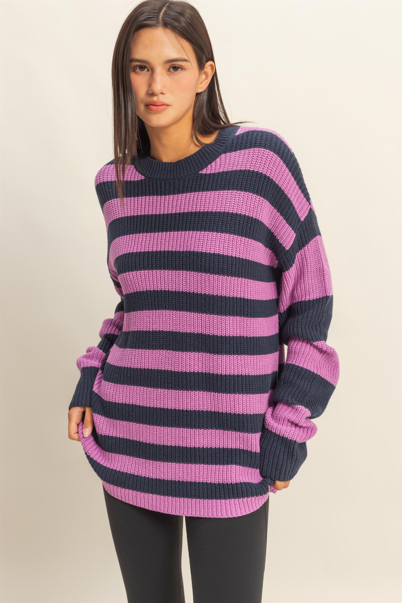 Wholesale Striped Long Sleeve Sweater Clothing Tops DZ23F071 NAVY / PURPLE DOUBLE ZERO