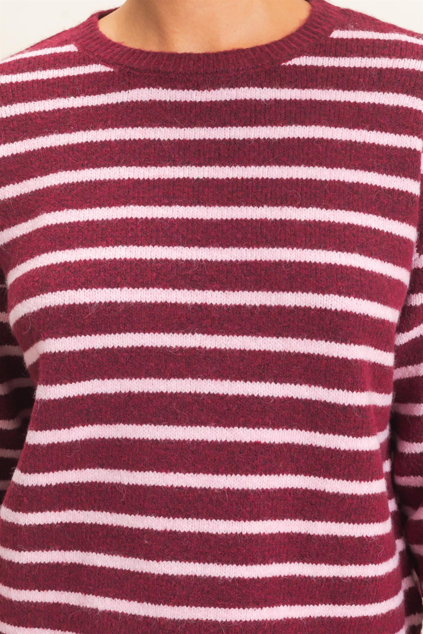 Wholesale Striped Crew Neck Sweater Sweaters DZ26C612 DARK CHERRY DOUBLE ZERO