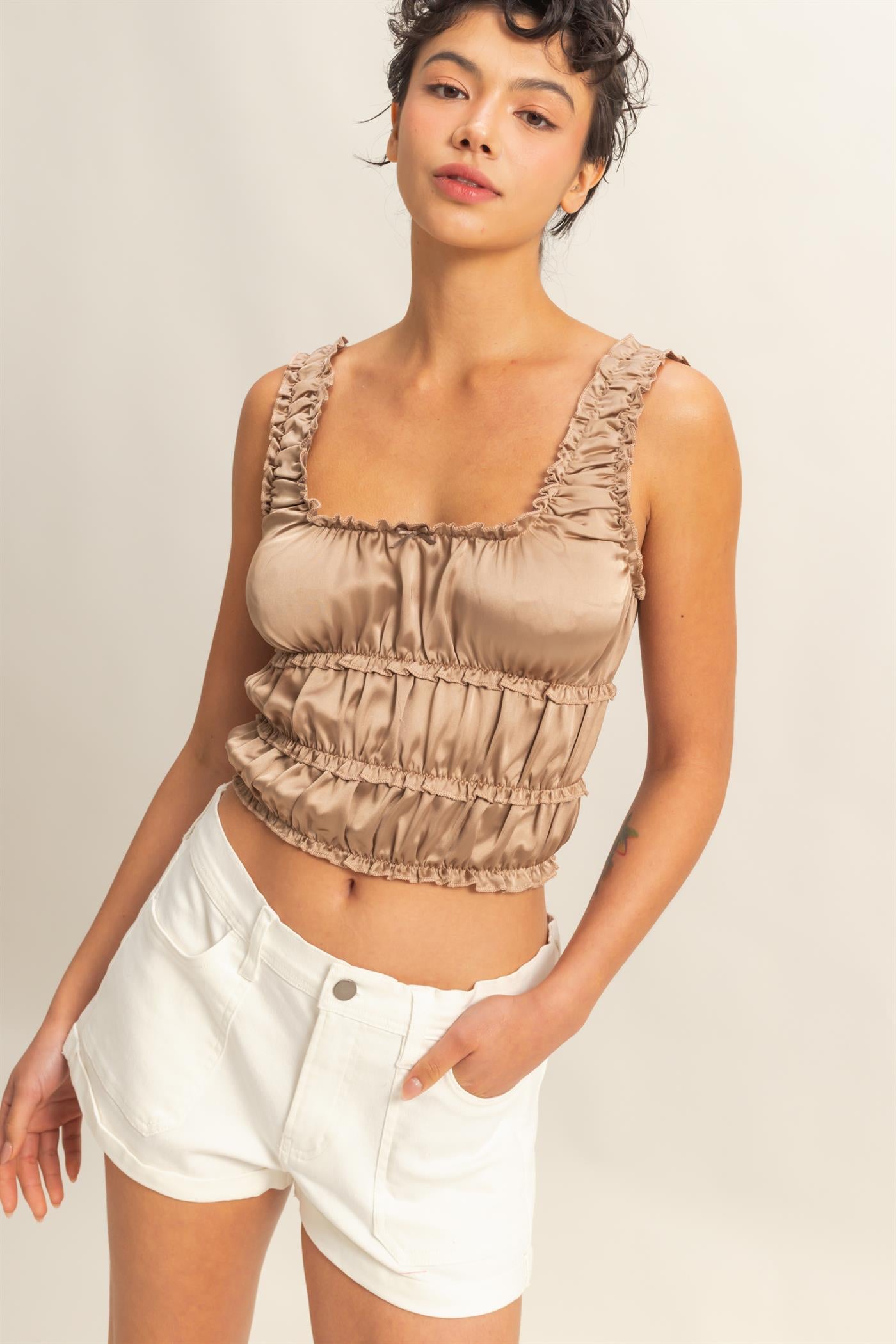 Wholesale Ruched Satin Sleeveless Crop Top Clothing Tops DZ25C172 DARK TAUPE DOUBLE ZERO
