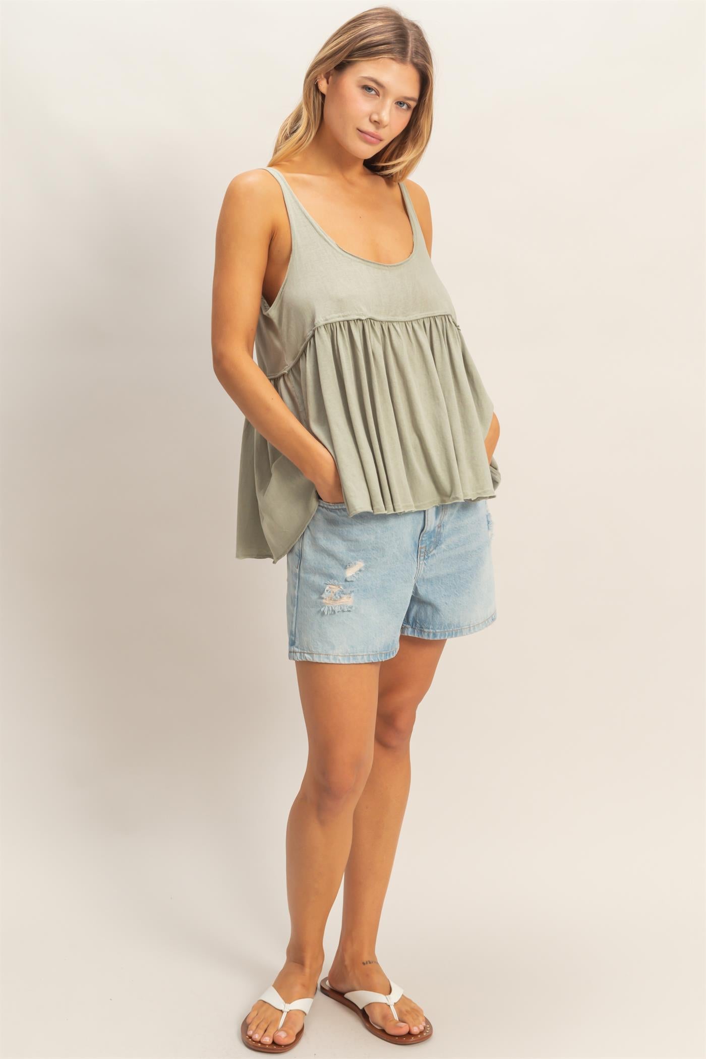 Wholesale Scoop Neck Babydoll Top Tank Tops HF26A376 SAGE HYFVE