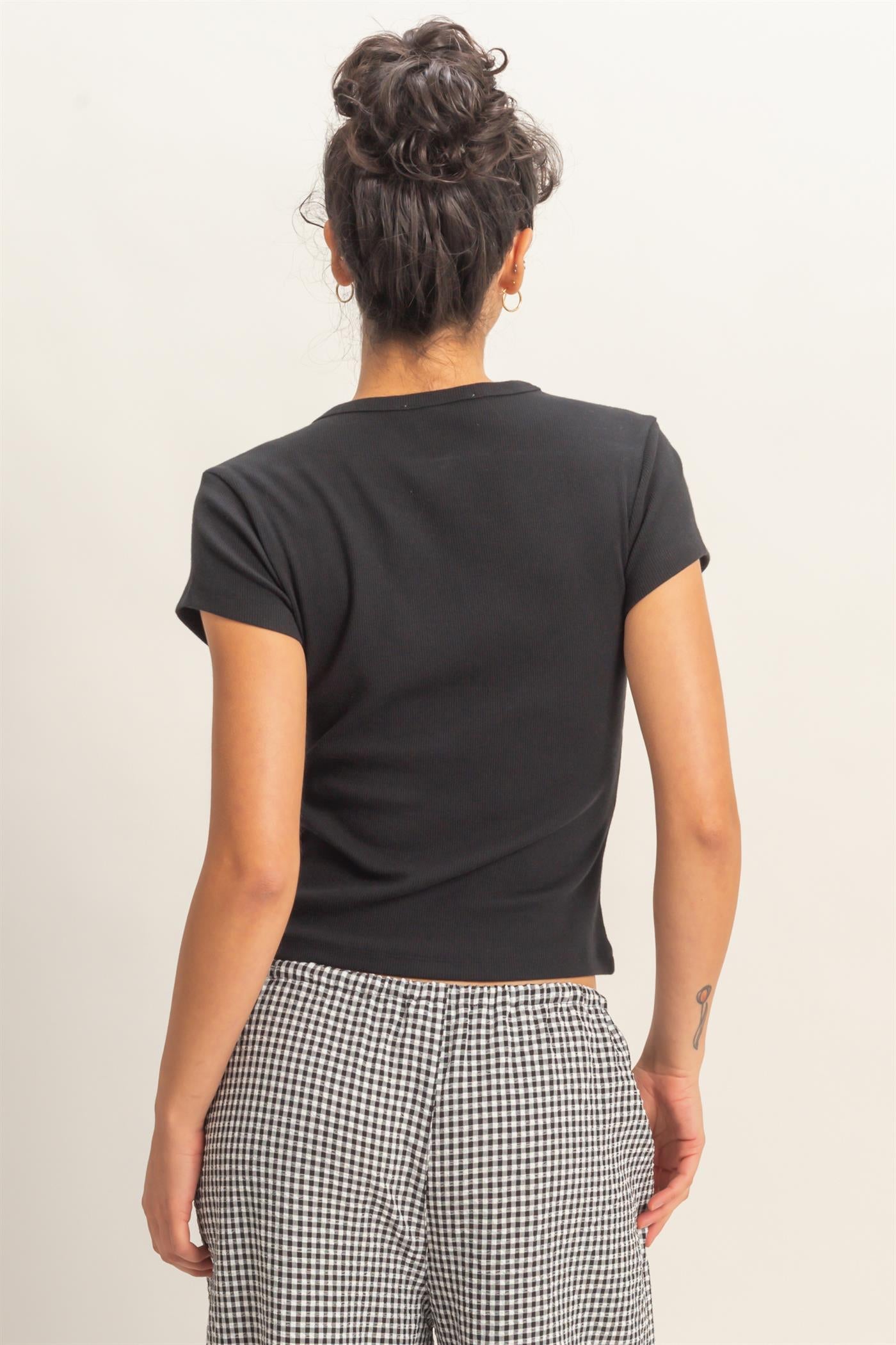 Wholesale Basic Ribbed Short Sleeve Top Clothing Tops DZ26A137 BLACK DOUBLE ZERO