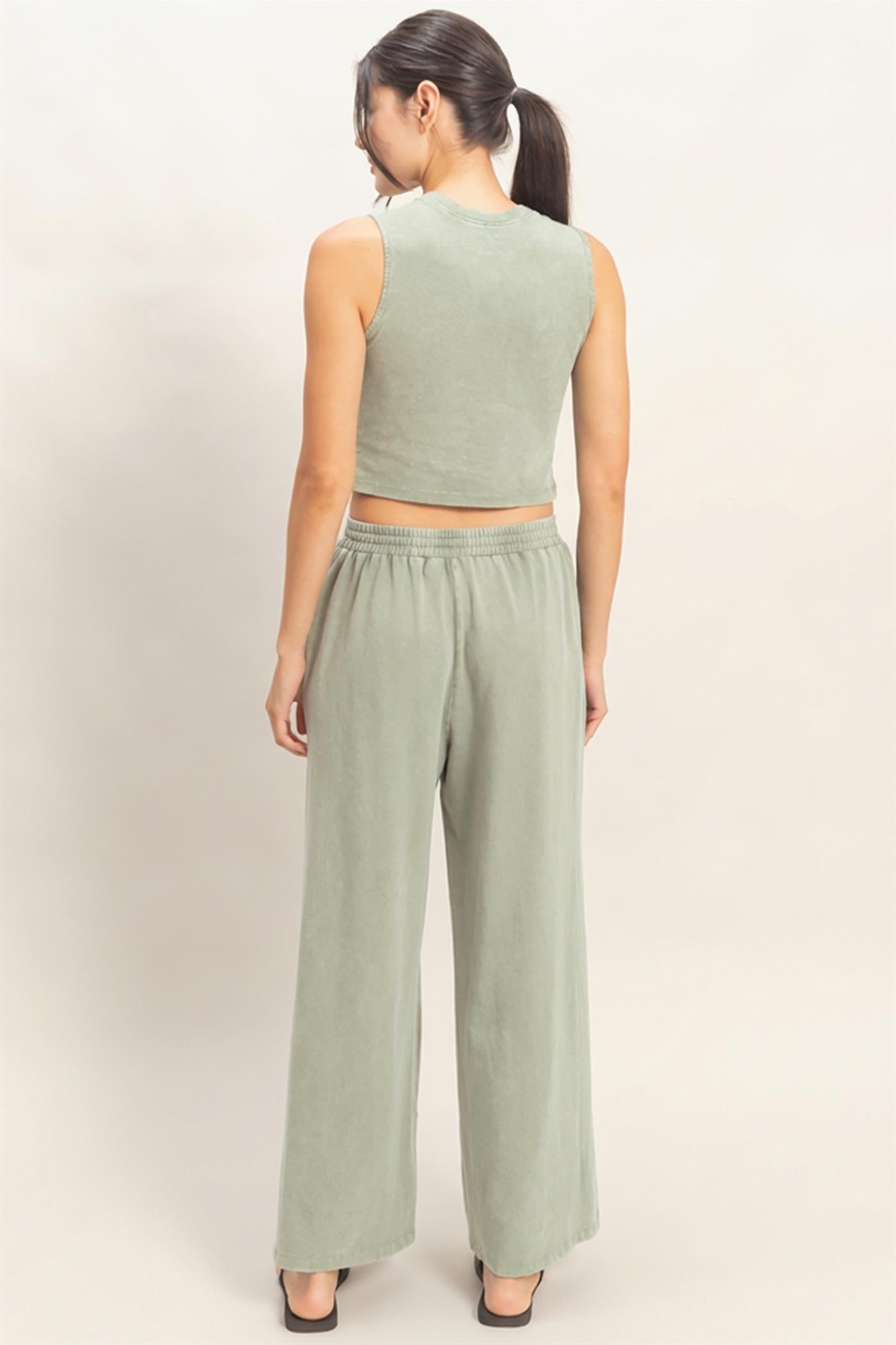 Wholesale Mineral Washed Sleeveless Top & Wide Leg Pants Set Clothing DZ26A371-SET SAGE GREEN DOUBLE ZERO